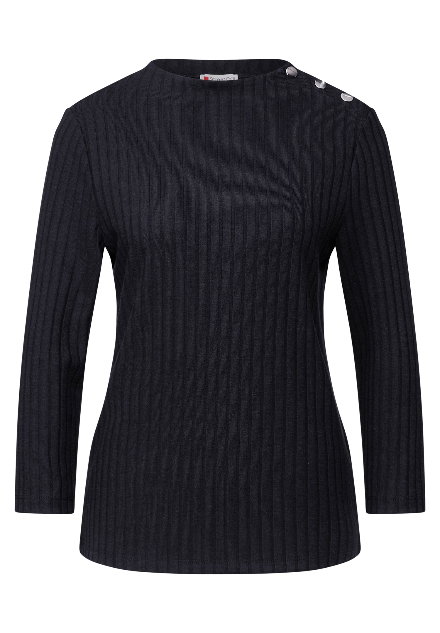 Street One Damen Shirt Turtleneck mit Knopfdetail und 3/4-Arm Rippstruktur