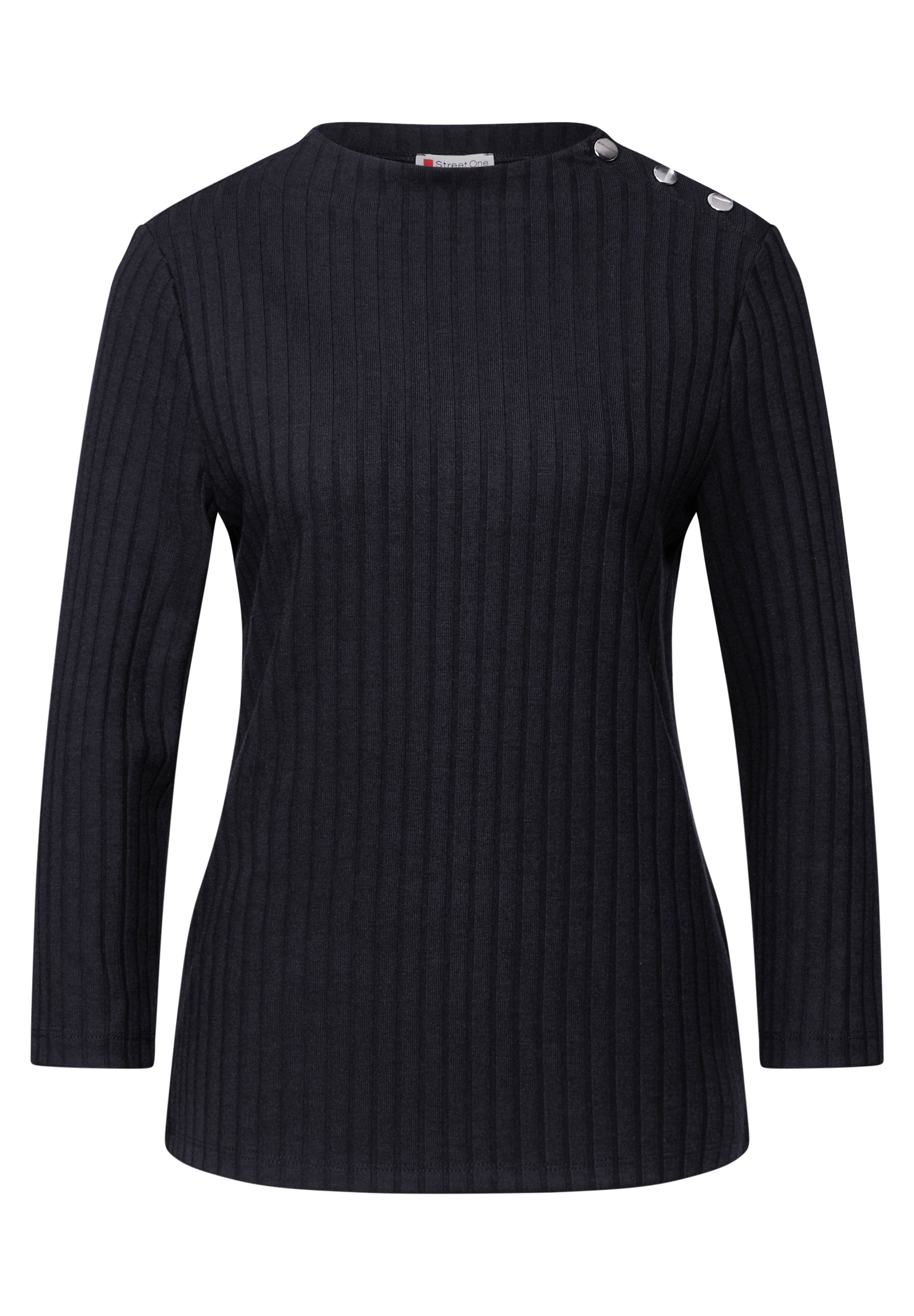 Street One Damen Shirt Turtleneck mit Knopfdetail und 3/4-Arm Rippstruktur