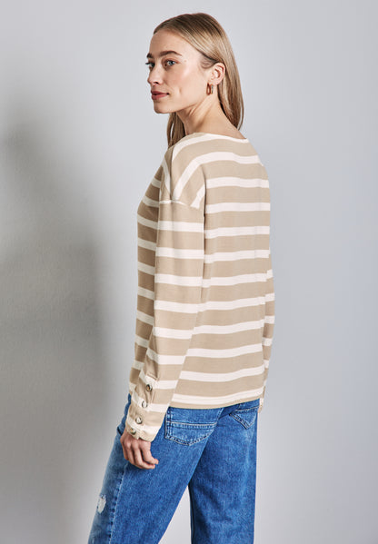 Street One Streifenshirt mit Knöpfen Damen Langarm U-Boot-Ausschnitt