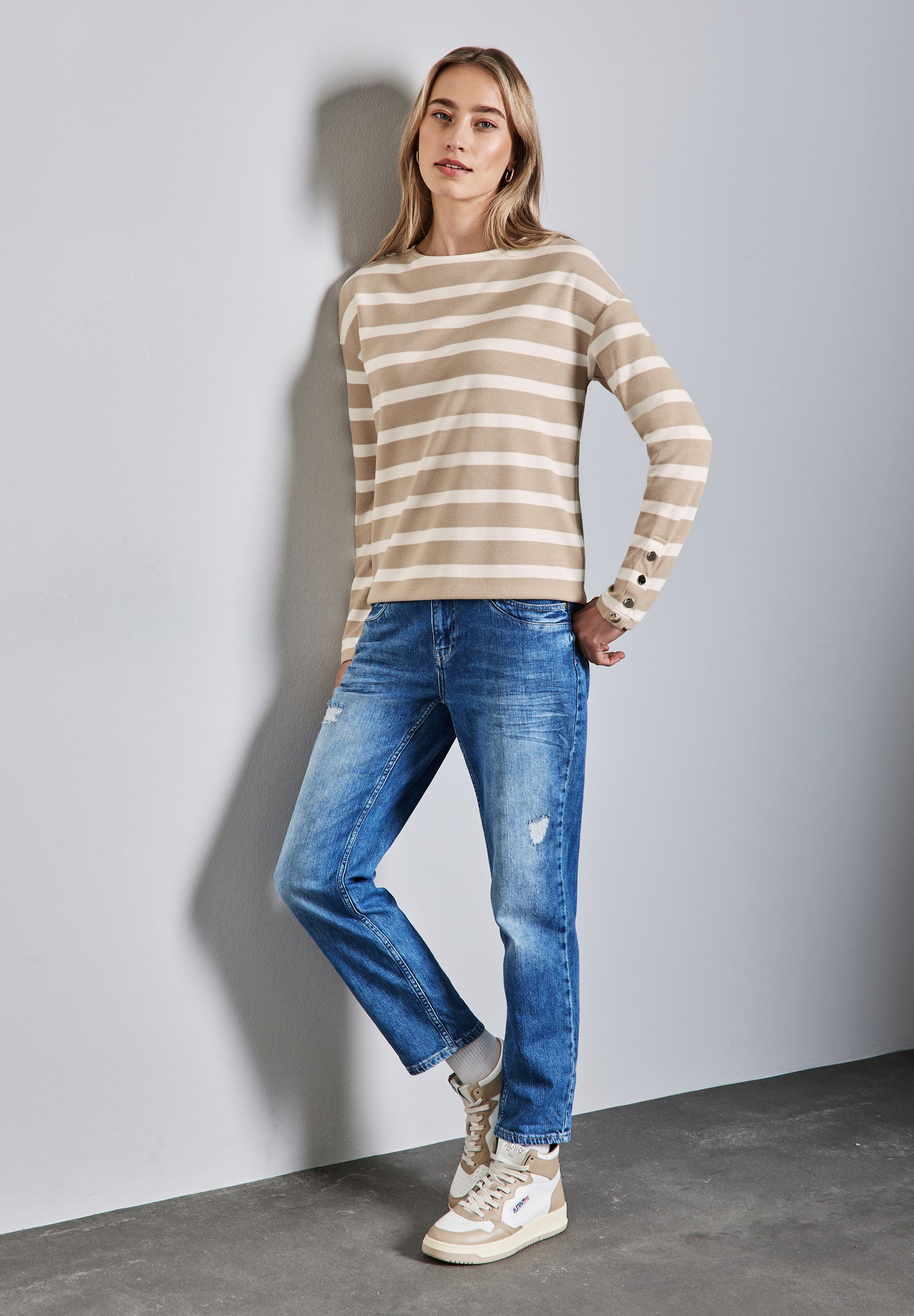 Street One Streifenshirt mit Knöpfen Damen Langarm U-Boot-Ausschnitt
