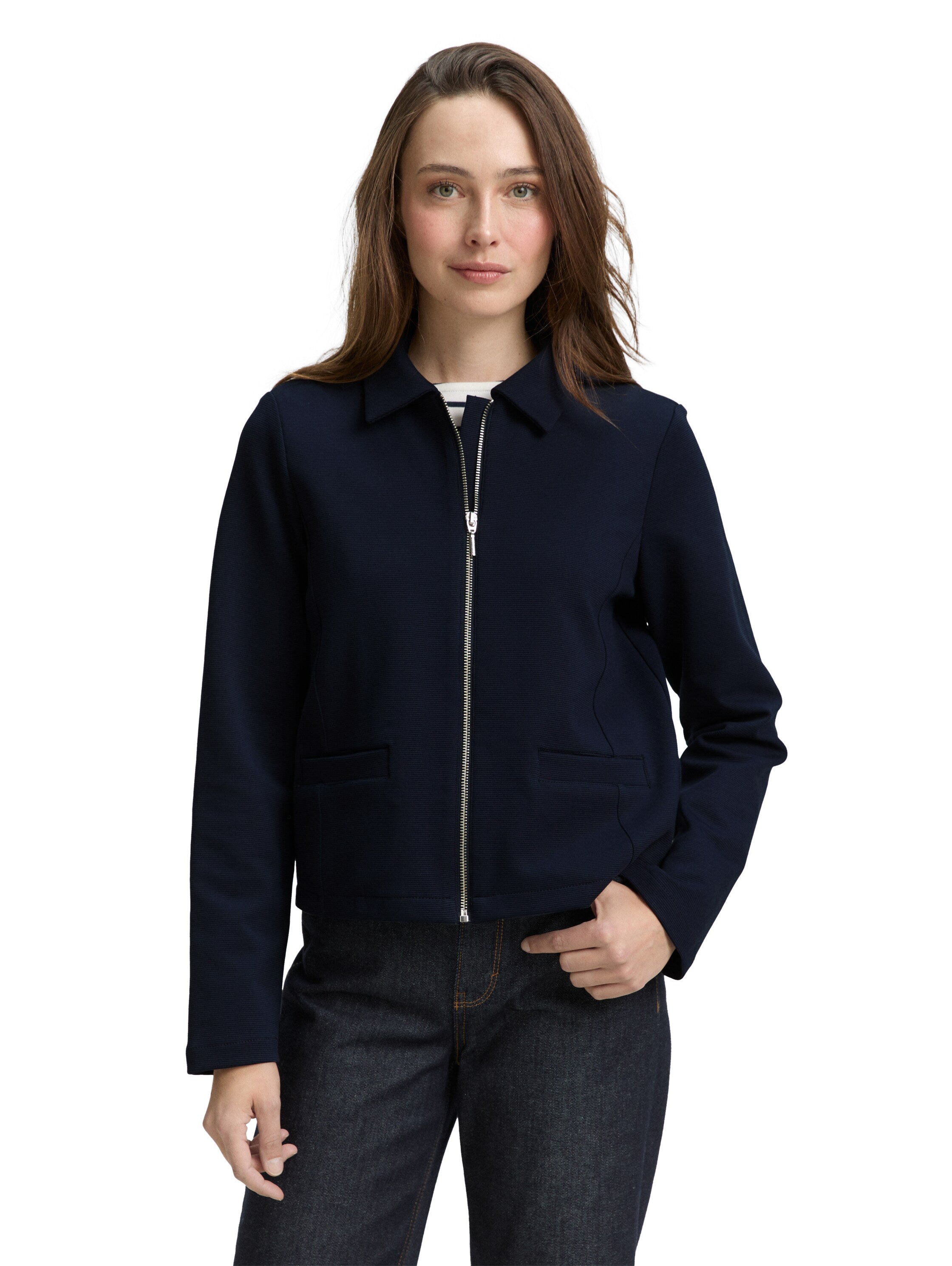 Tom Tailor Denim Jacke mit Kragen und Reißverschluss für erwachsene Frauen aus weichem Ottoman-Stoff