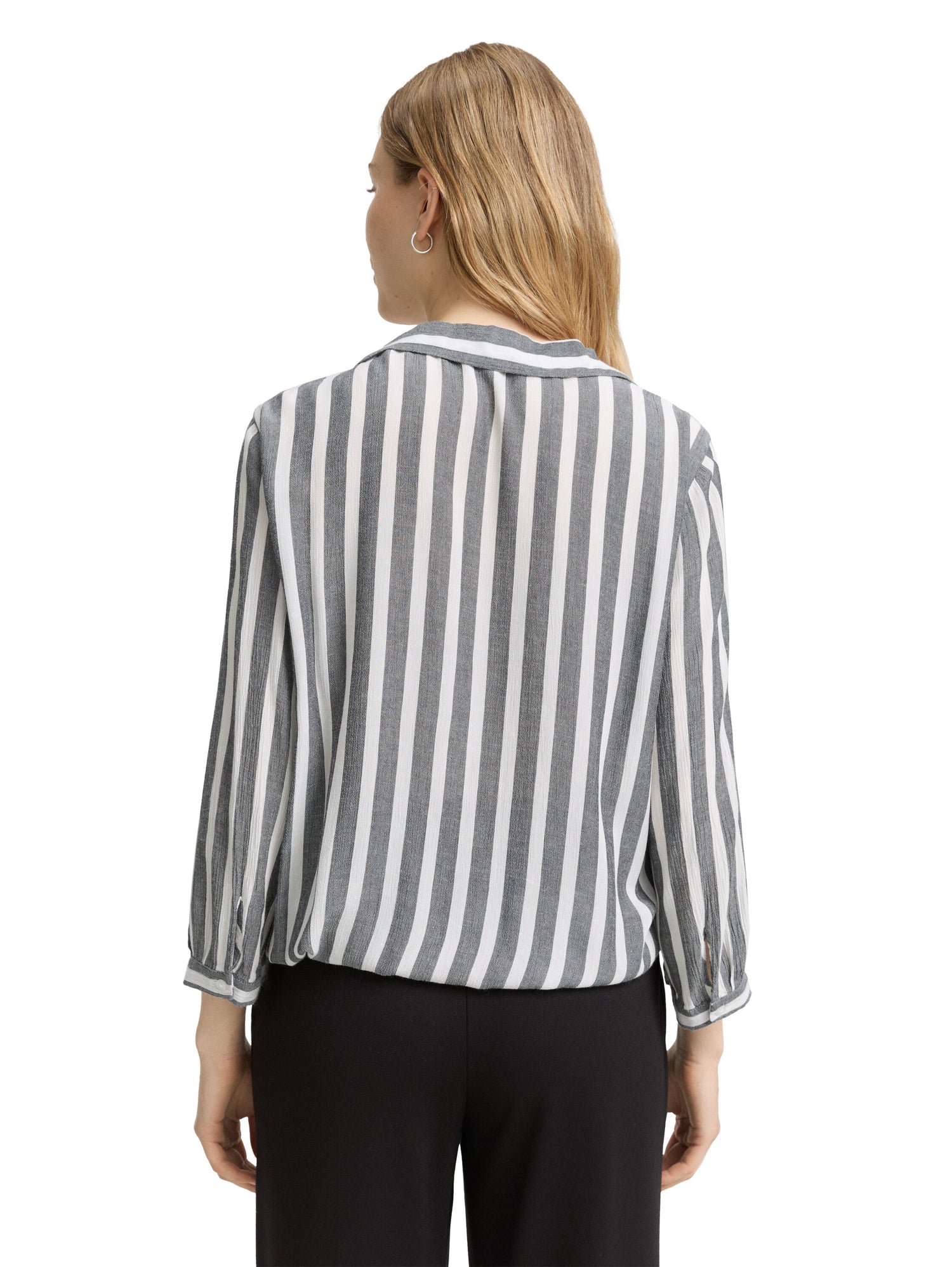 Tom Tailor Denim Bluse Damen Gestreift Knitter-Optik V-Ausschnitt Kordelzug