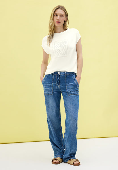CECIL Damen T-Shirt mit glitzerndem Print und U-Boot-Ausschnitt