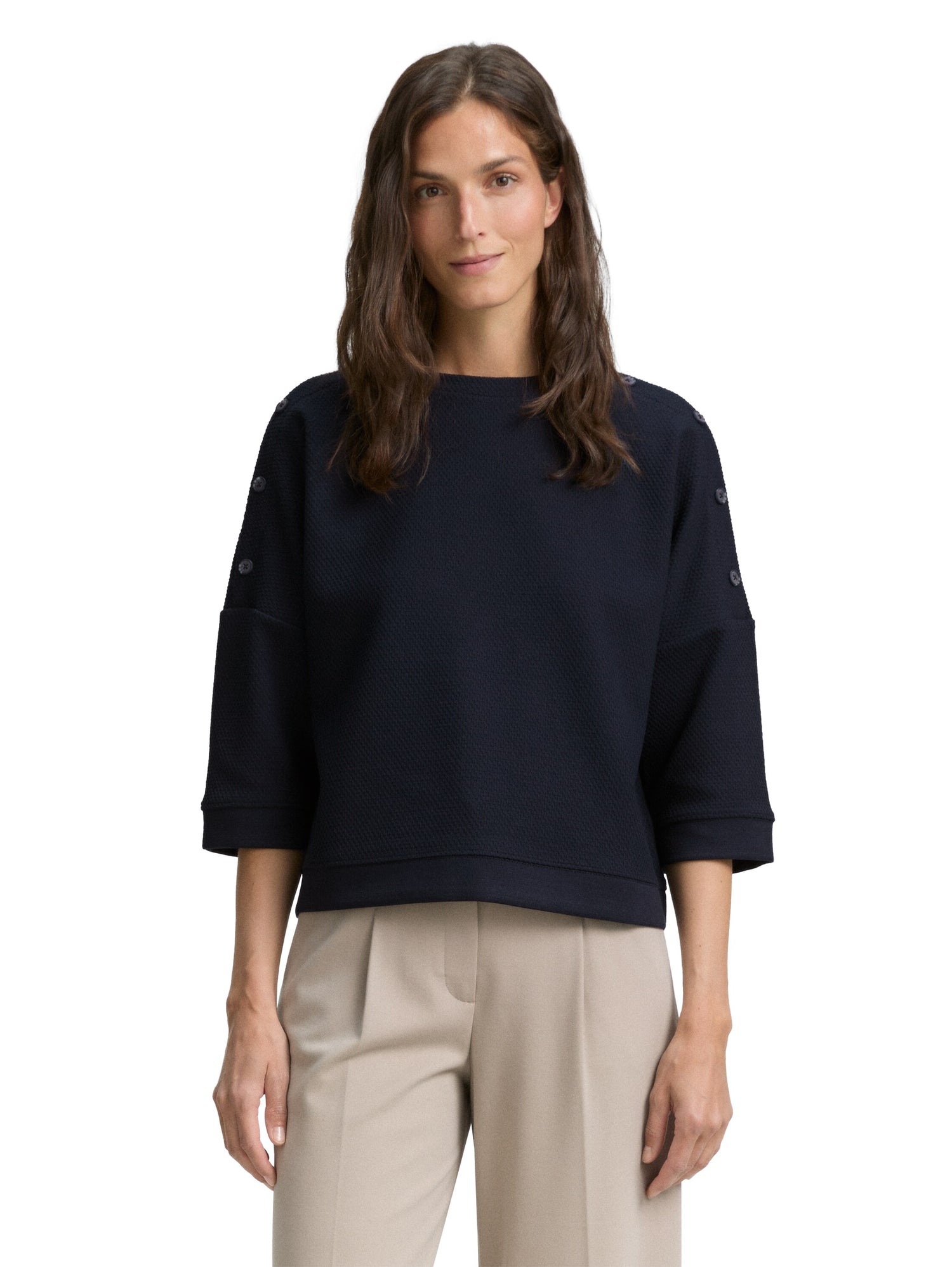 Tom Tailor Denim Sweatshirt Jacquard mit dekorativen Knöpfen Damen Strukturiert