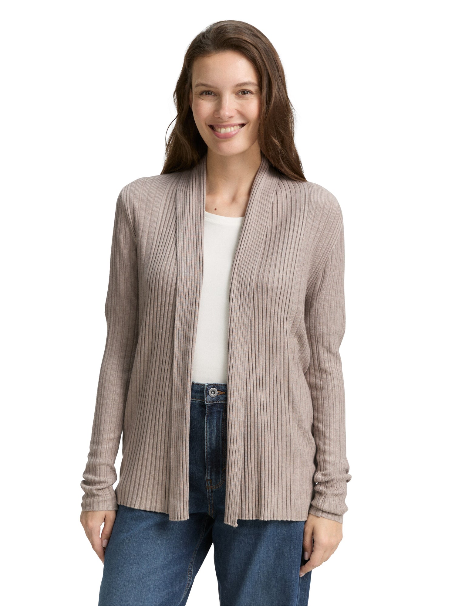 Tom Tailor Denim Offene Strickjacke Female mit Schalkragen und Rippstruktur