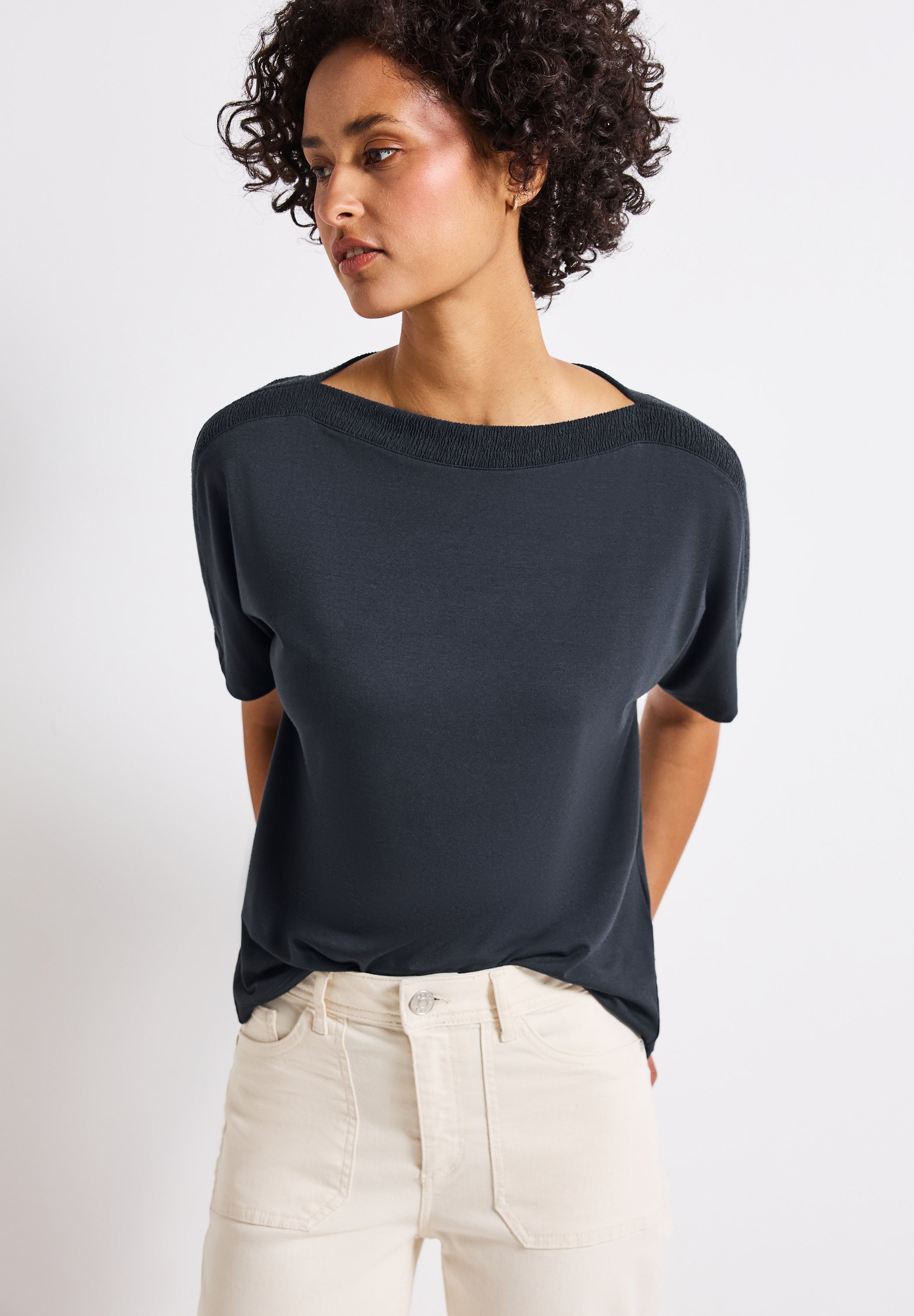 Street One Damen T-Shirt mit U-Boot-Ausschnitt und dropped shoulders