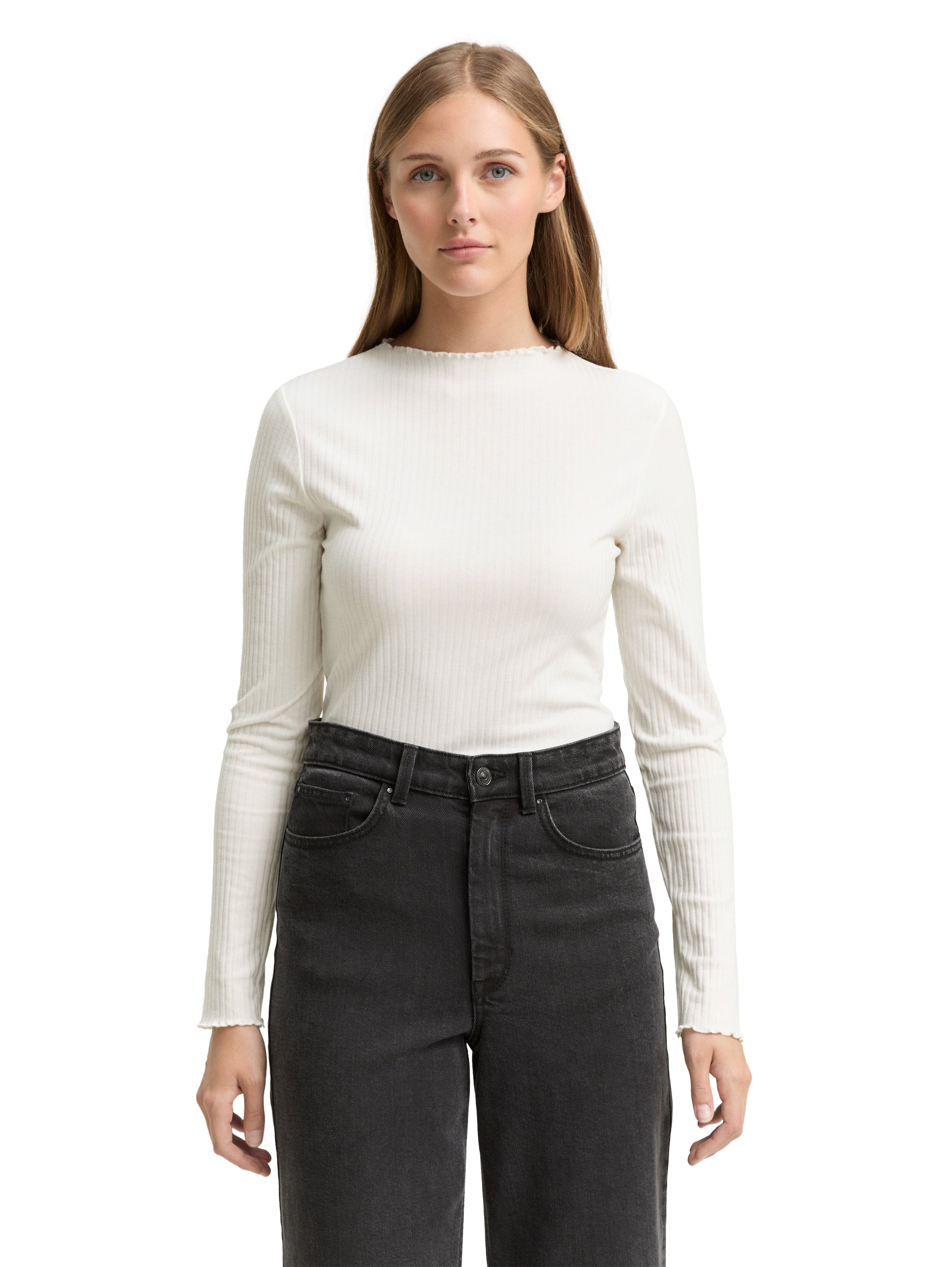 Ripp Langarmshirt mit Stehkragen