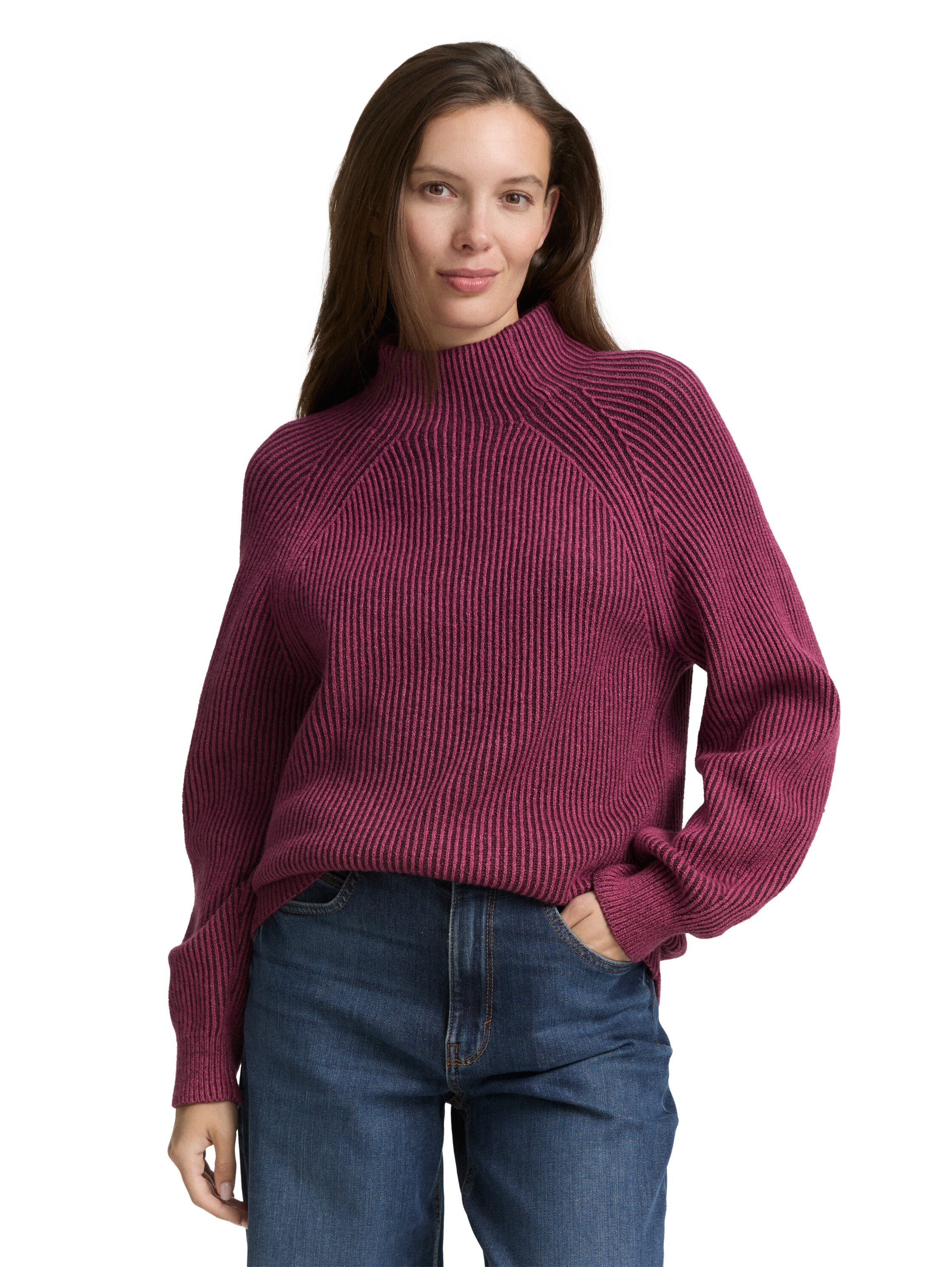 Tom Tailor Denim Female Pullover Loose Fit Stehkragen Rippstruktur Wolle