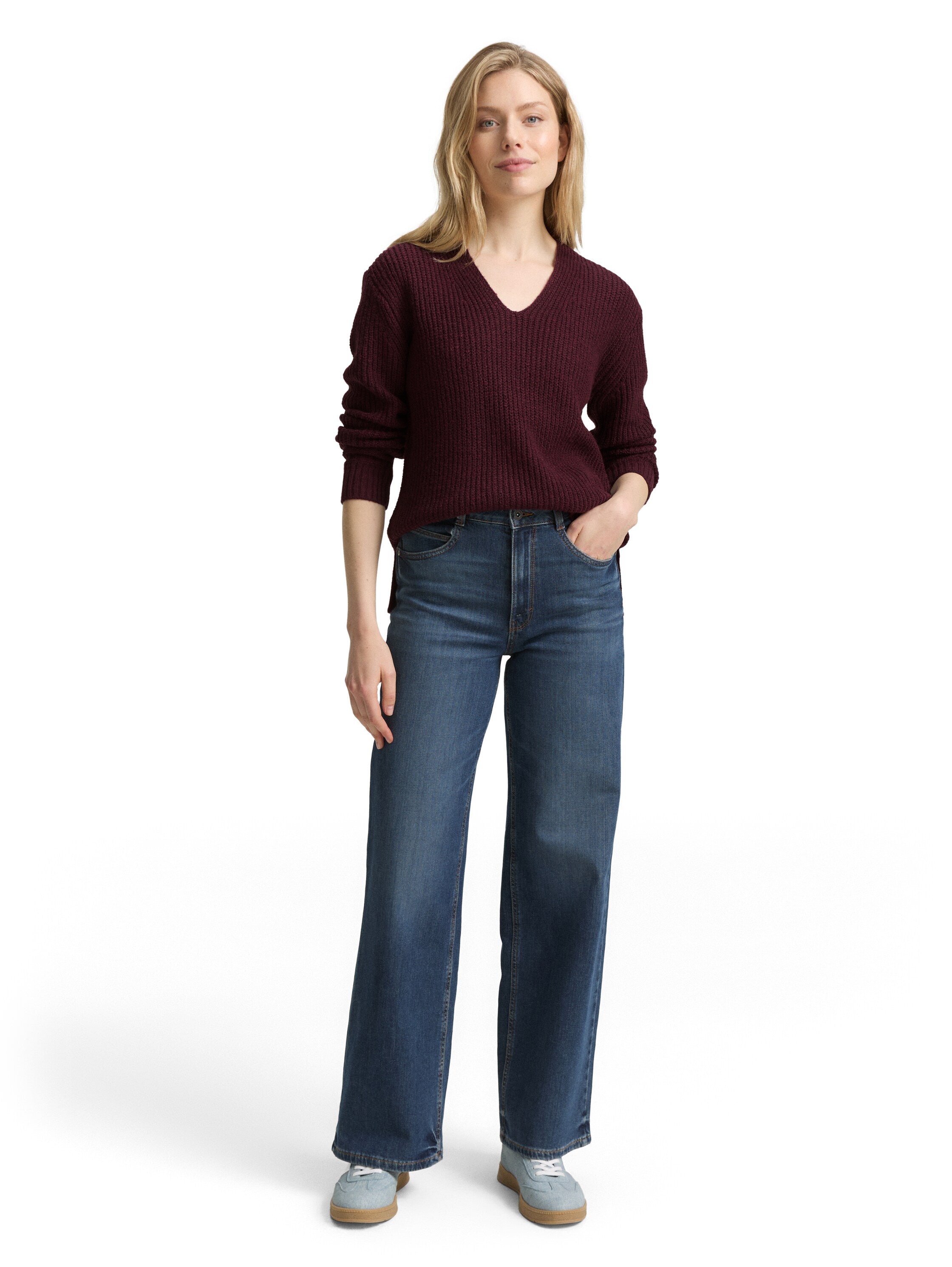 Tom Tailor Denim Female Pullover V-Ausschnitt Regular Fit Rippstruktur