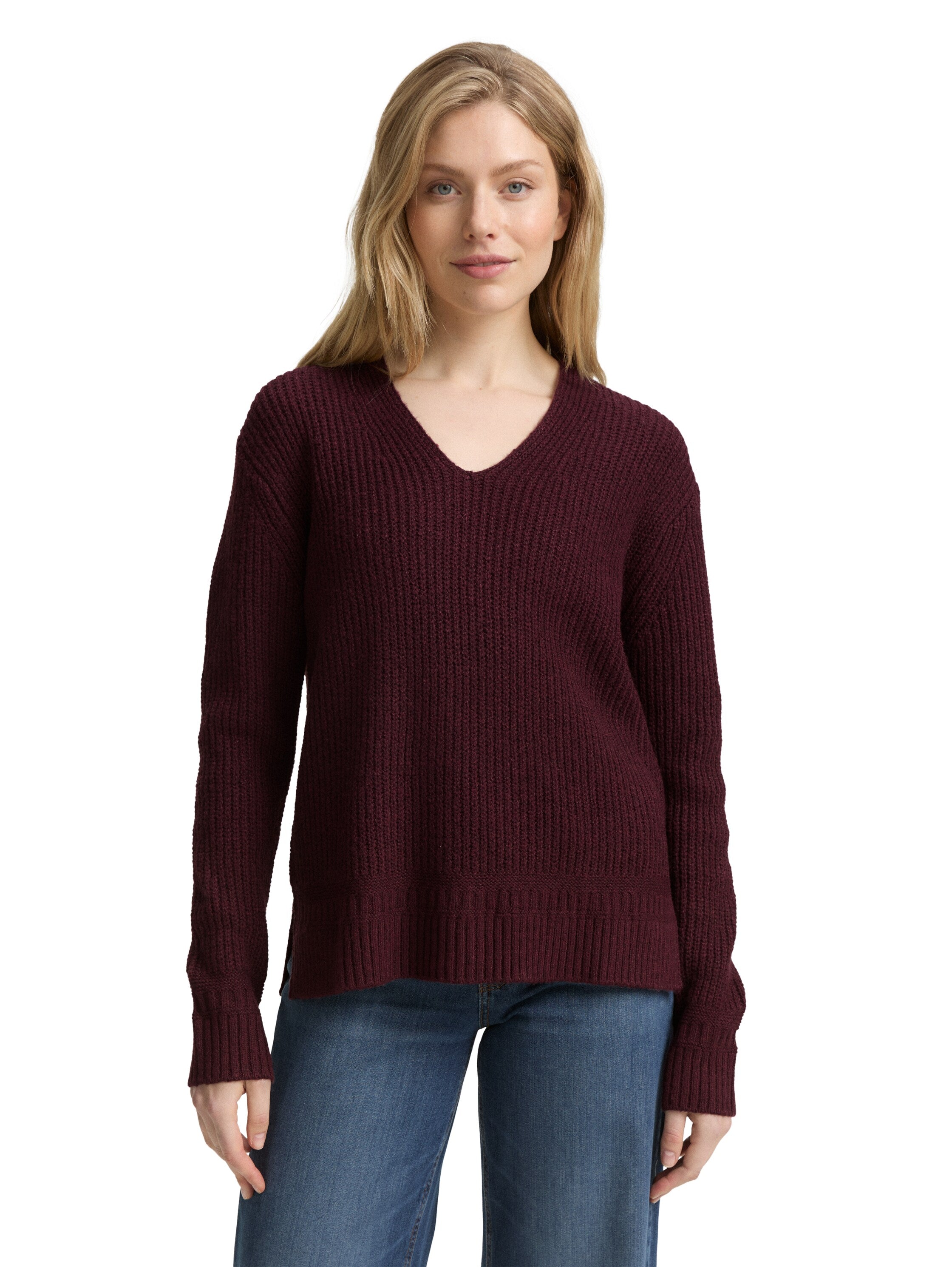 Tom Tailor Denim Female Pullover V-Ausschnitt Regular Fit Rippstruktur