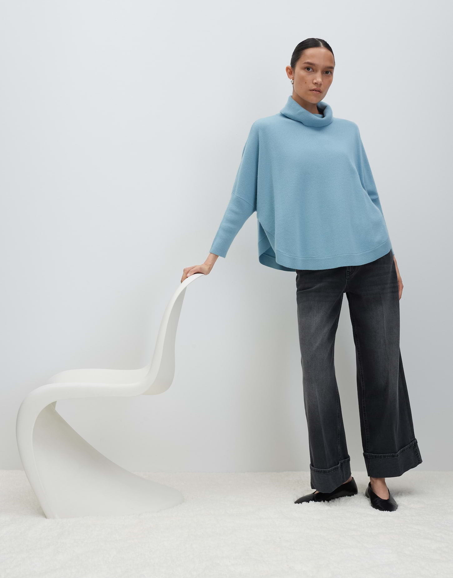 Rollkragenpullover Damen Feinstrick Voluminös 3/4 Arm Wolle Kaschmir