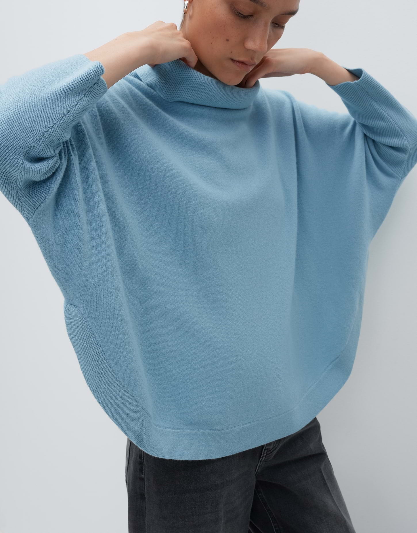 Rollkragenpullover Damen Feinstrick Voluminös 3/4 Arm Wolle Kaschmir