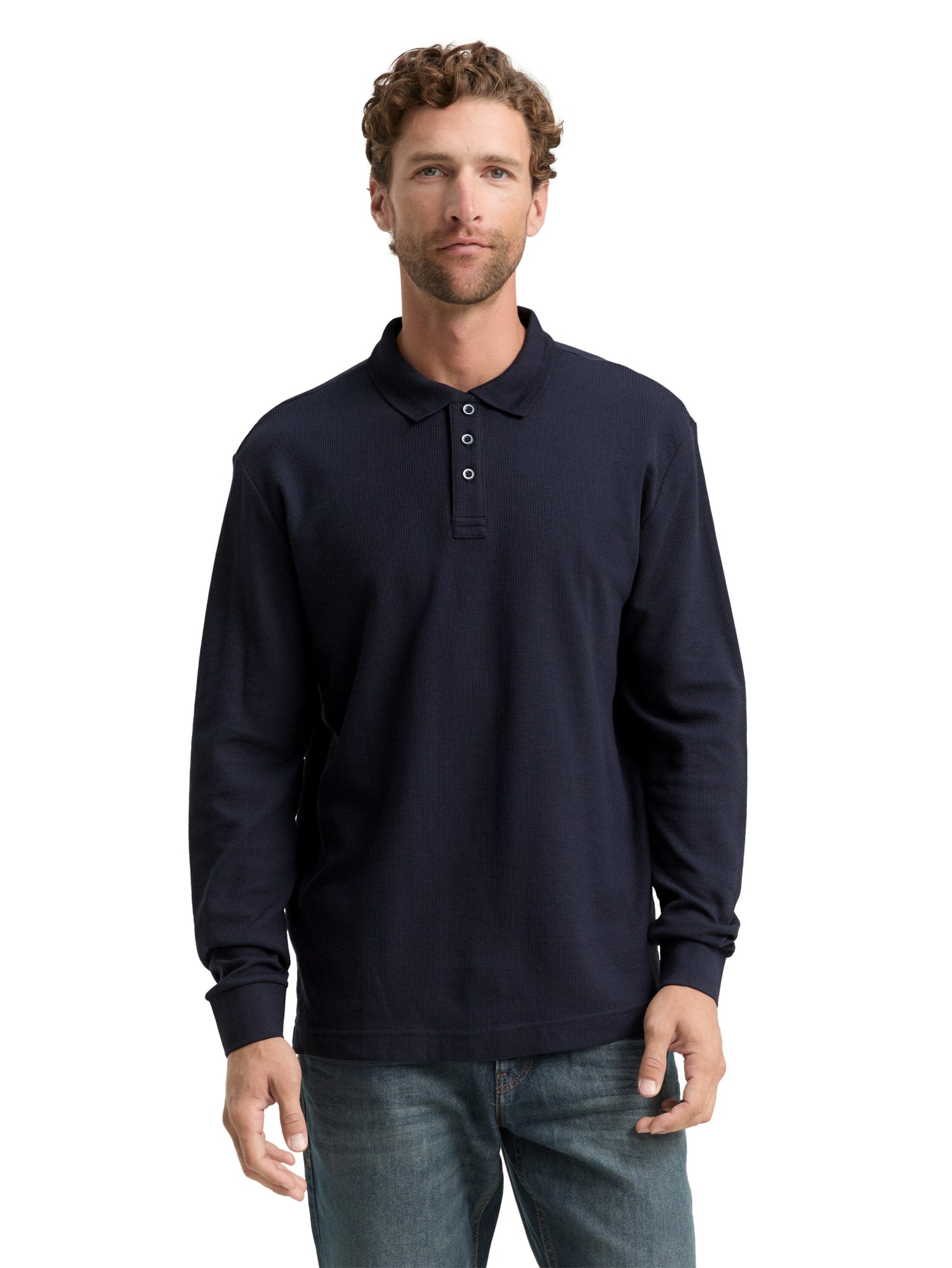 Langarm Poloshirt mit Waffelstruktur