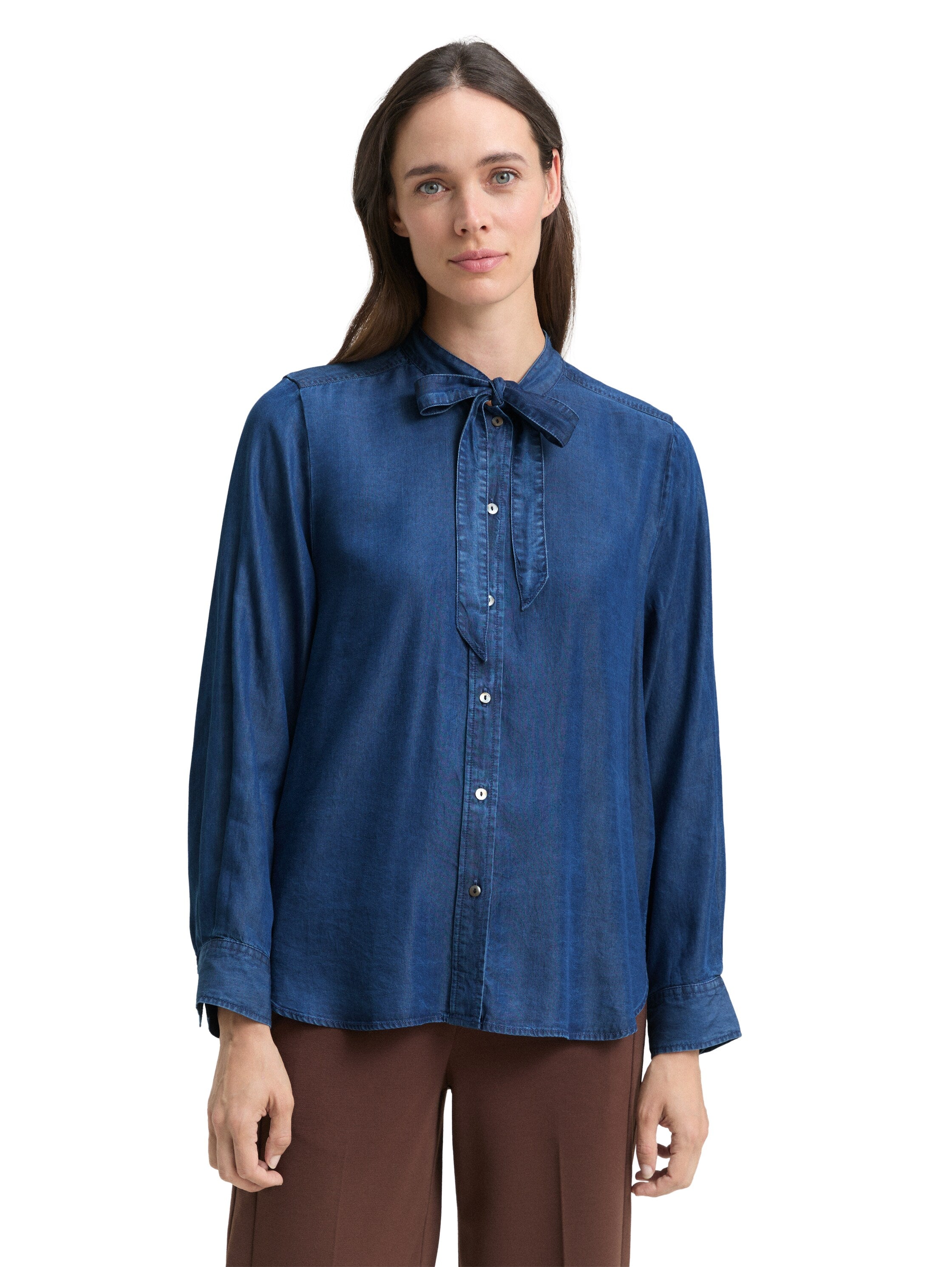Tom Tailor Denim Damen Bluse Schleife TENCEL Jeansstoff