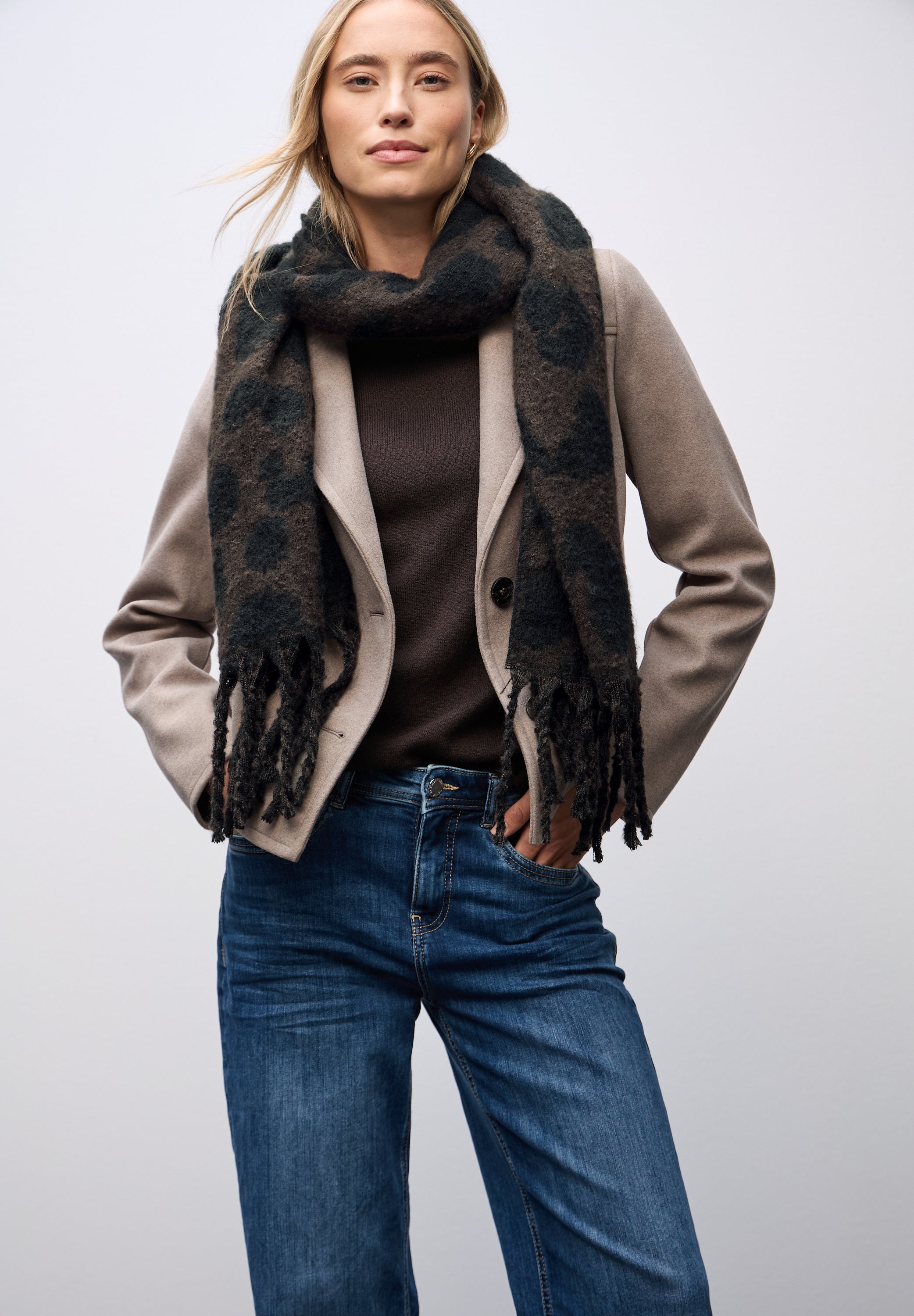 Street One Damen Schal Leo-Muster Fransen Kuschelig