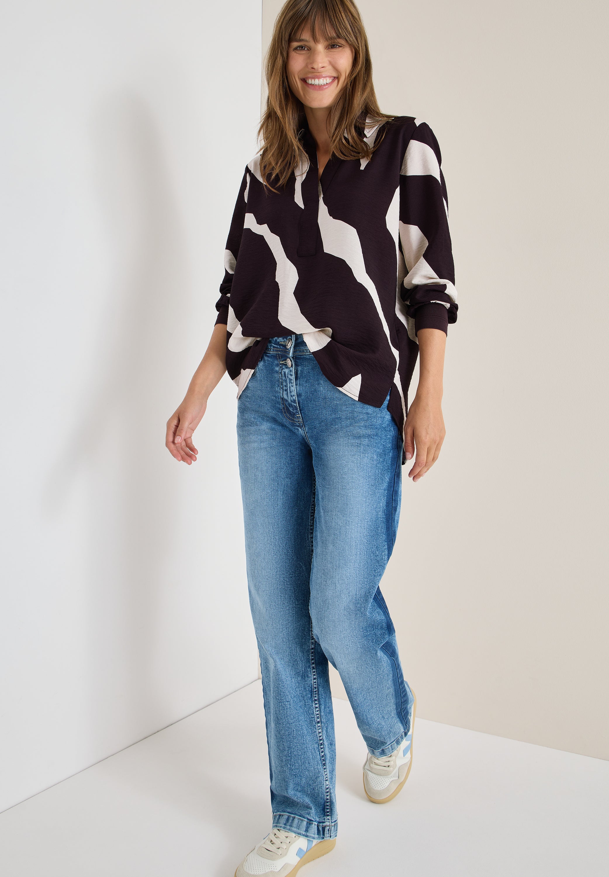 CECIL Damen Bluse Langarm Hemdkragen Grafisches Muster Soft Wave