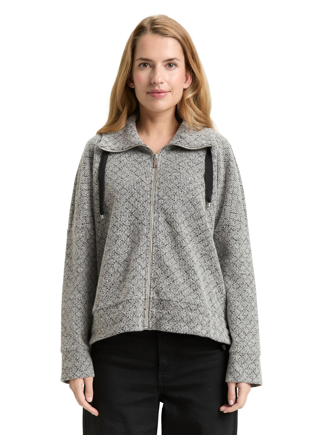 Strukturierte Sweatshirtjacke Damen Stehkragen Kordelzug Baumwoll-Mix