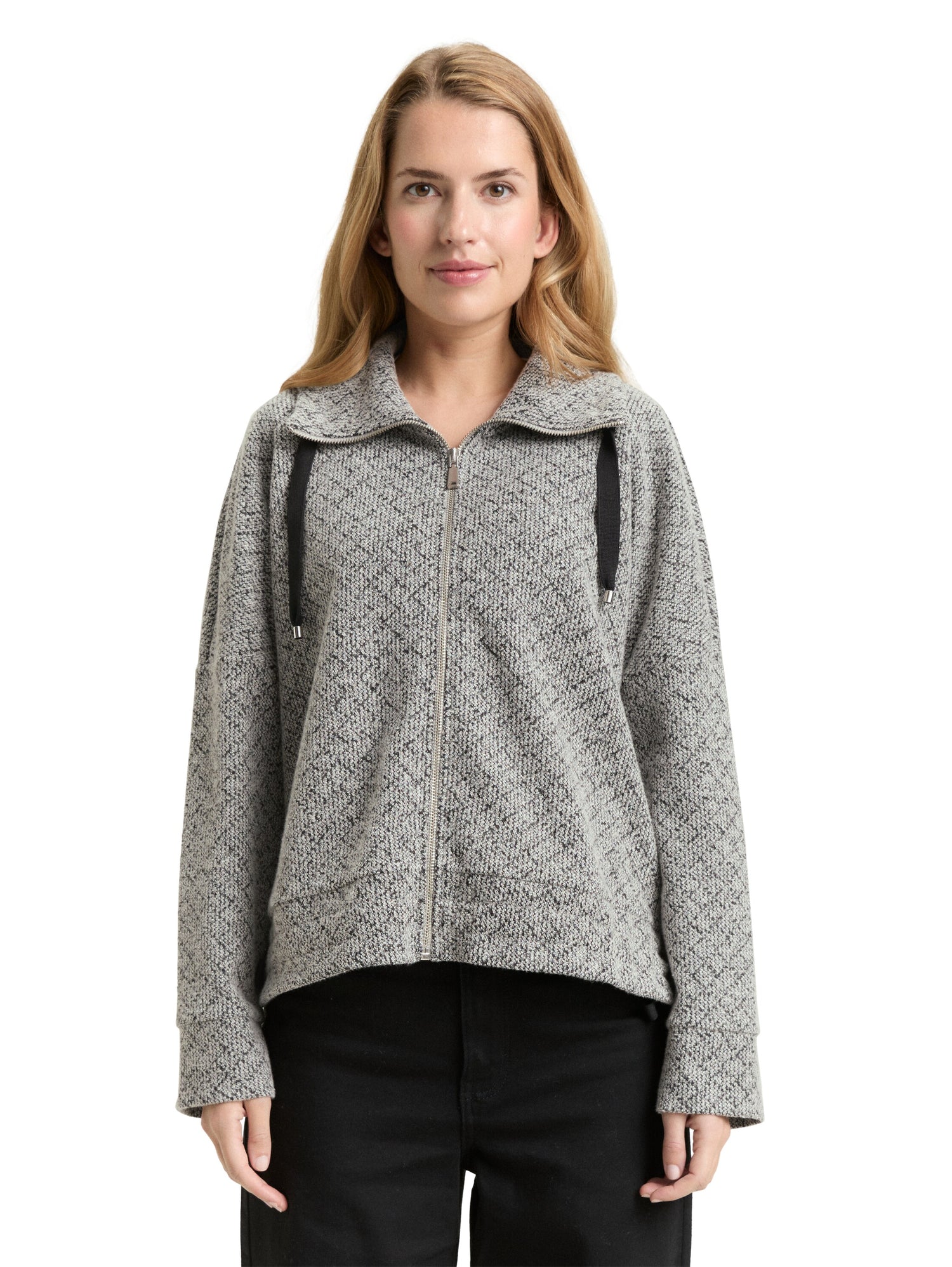 Strukturierte Sweatshirtjacke Damen Stehkragen Kordelzug Baumwoll-Mix