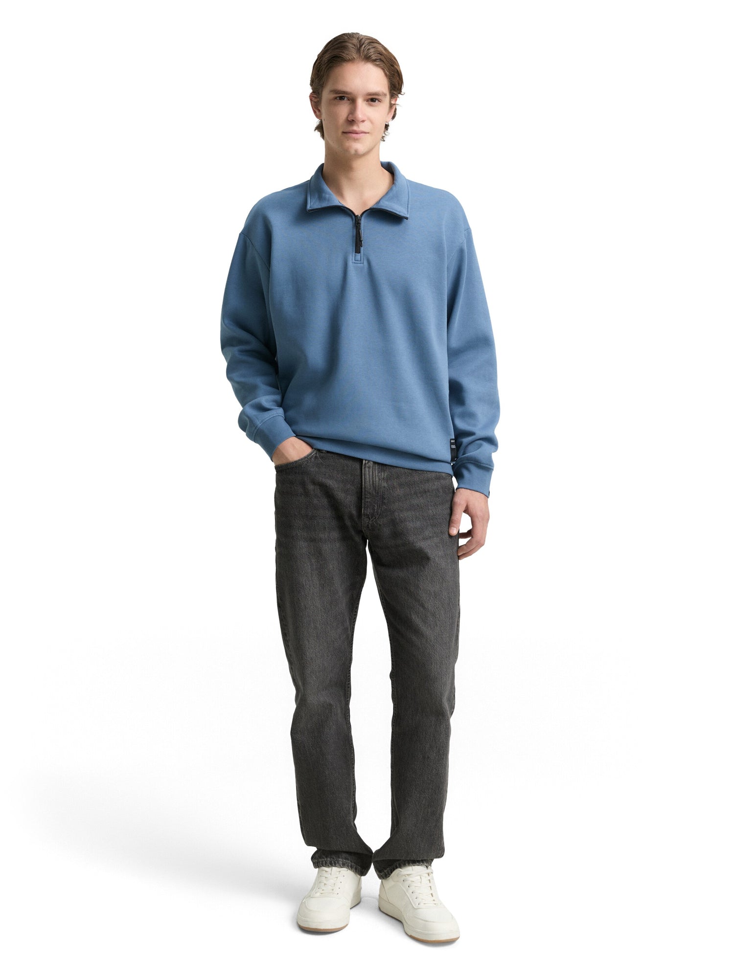 Tom Tailor Denim Herren Sweatshirt Troyer-Kragen Logo-Badge