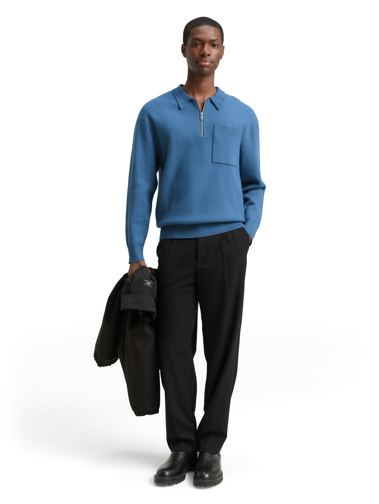 Strick-Poloshirt Herren halber Reißverschluss Brusttasche Rippbündchen