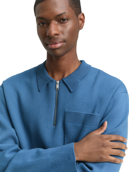 Strick-Poloshirt Herren halber Reißverschluss Brusttasche Rippbündchen