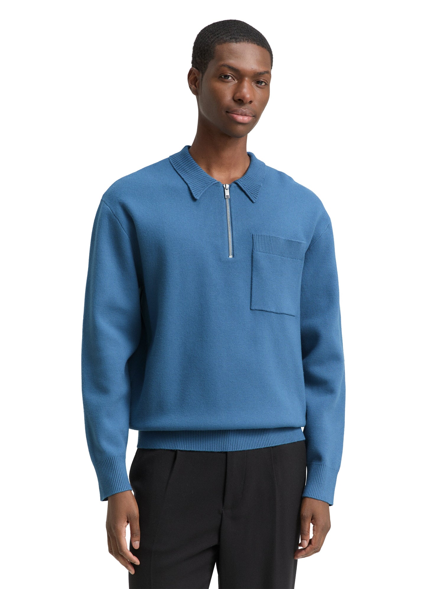 Strick-Poloshirt Herren halber Reißverschluss Brusttasche Rippbündchen