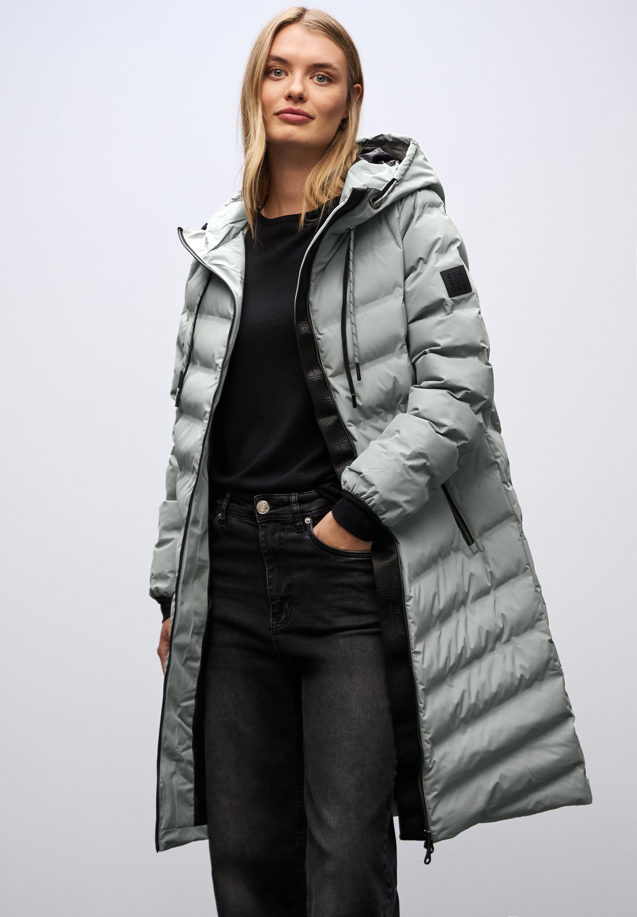 Street One Damen Lange Jacke Kapuze mit Tunnelzug Zipper-Taschen 2-Wege-Reißverschluss