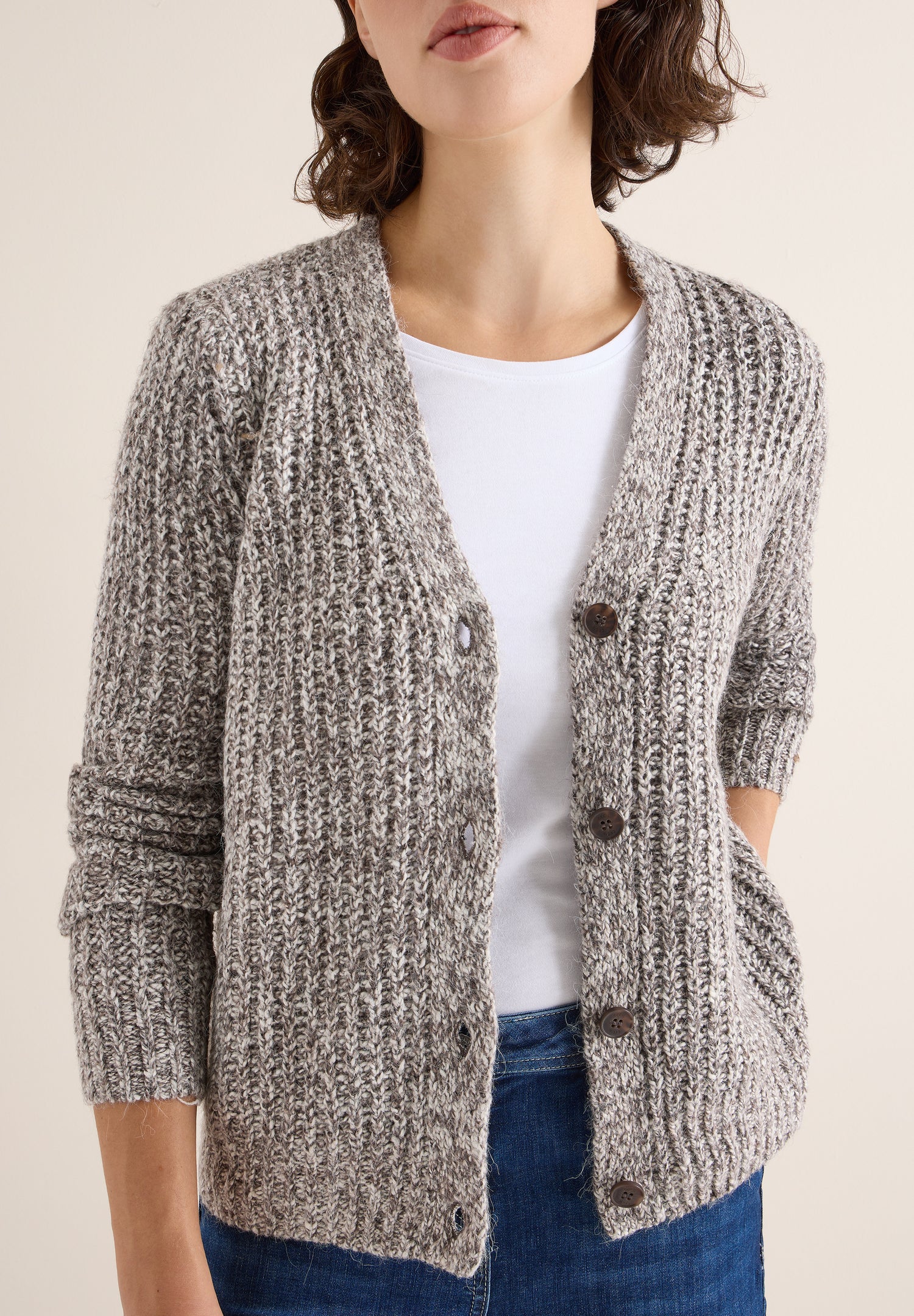 CECIL Damen Strickjacke Cardigan V-Ausschnitt Langarm Two Tone Optik Baumwollmix