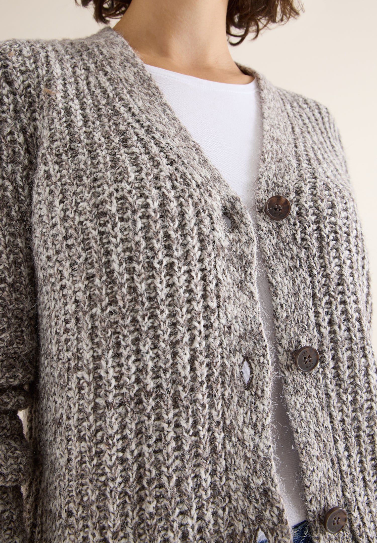 CECIL Damen Strickjacke Cardigan V-Ausschnitt Langarm Two Tone Optik Baumwollmix