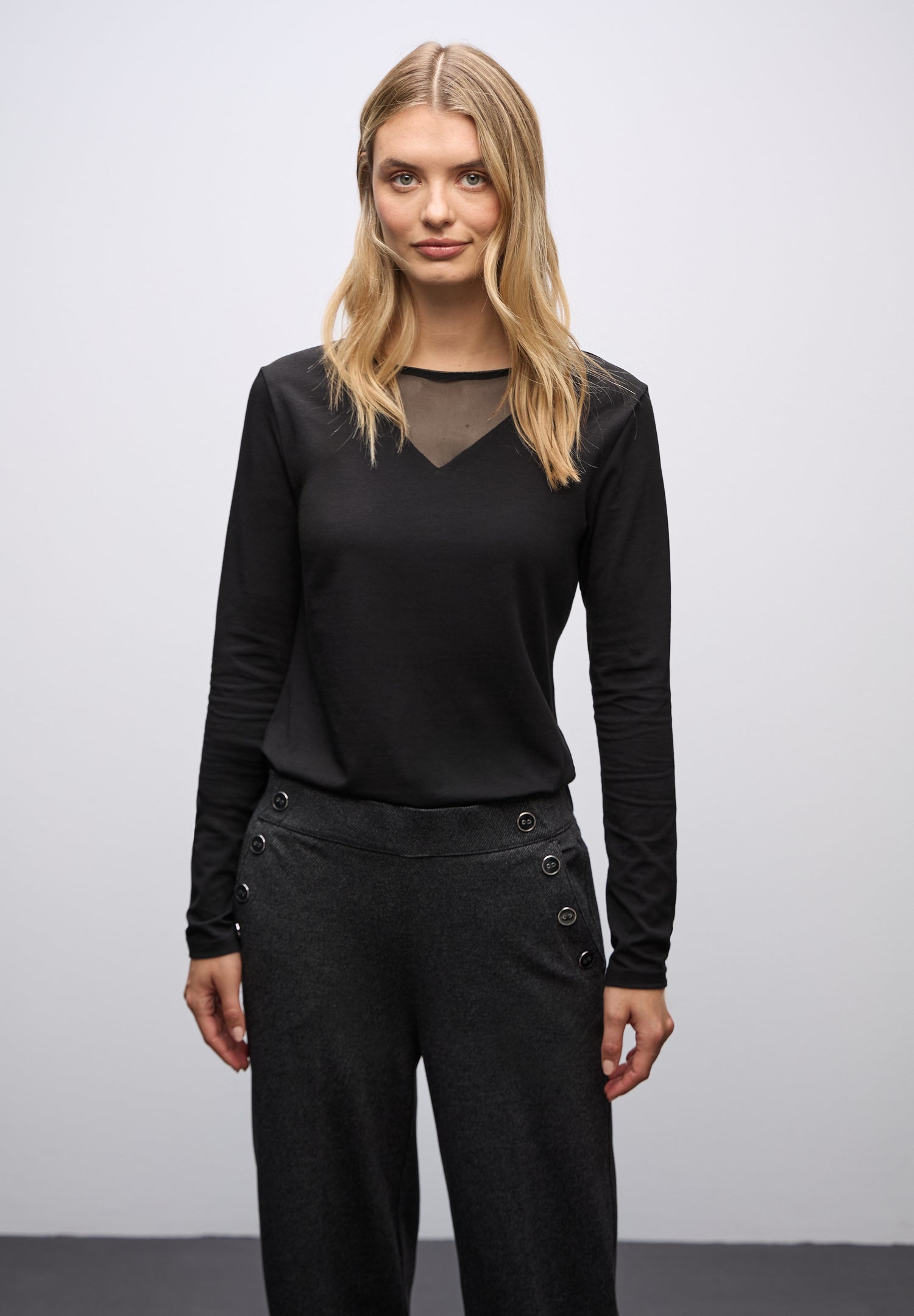 Street One Damen Langarmshirt mit Mesh-Einsatz Rundhalsausschnitt Baumwolle Elasthan