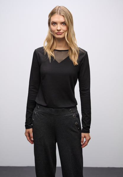 Street One Damen Langarmshirt mit Mesh-Einsatz Rundhalsausschnitt Baumwolle Elasthan