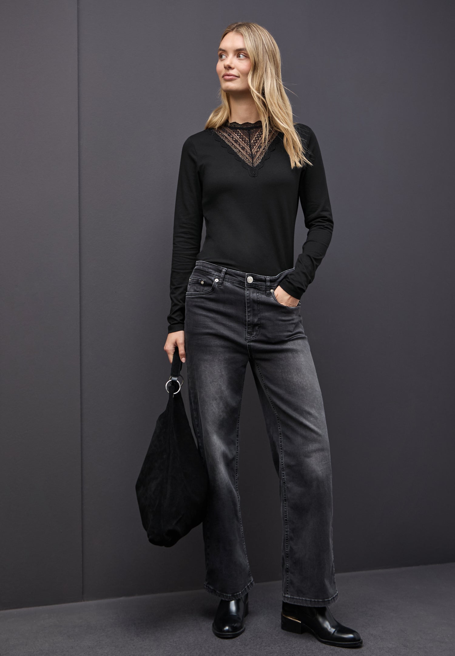 Street One Damen Langarmshirt Spitze Modalmix Stretch