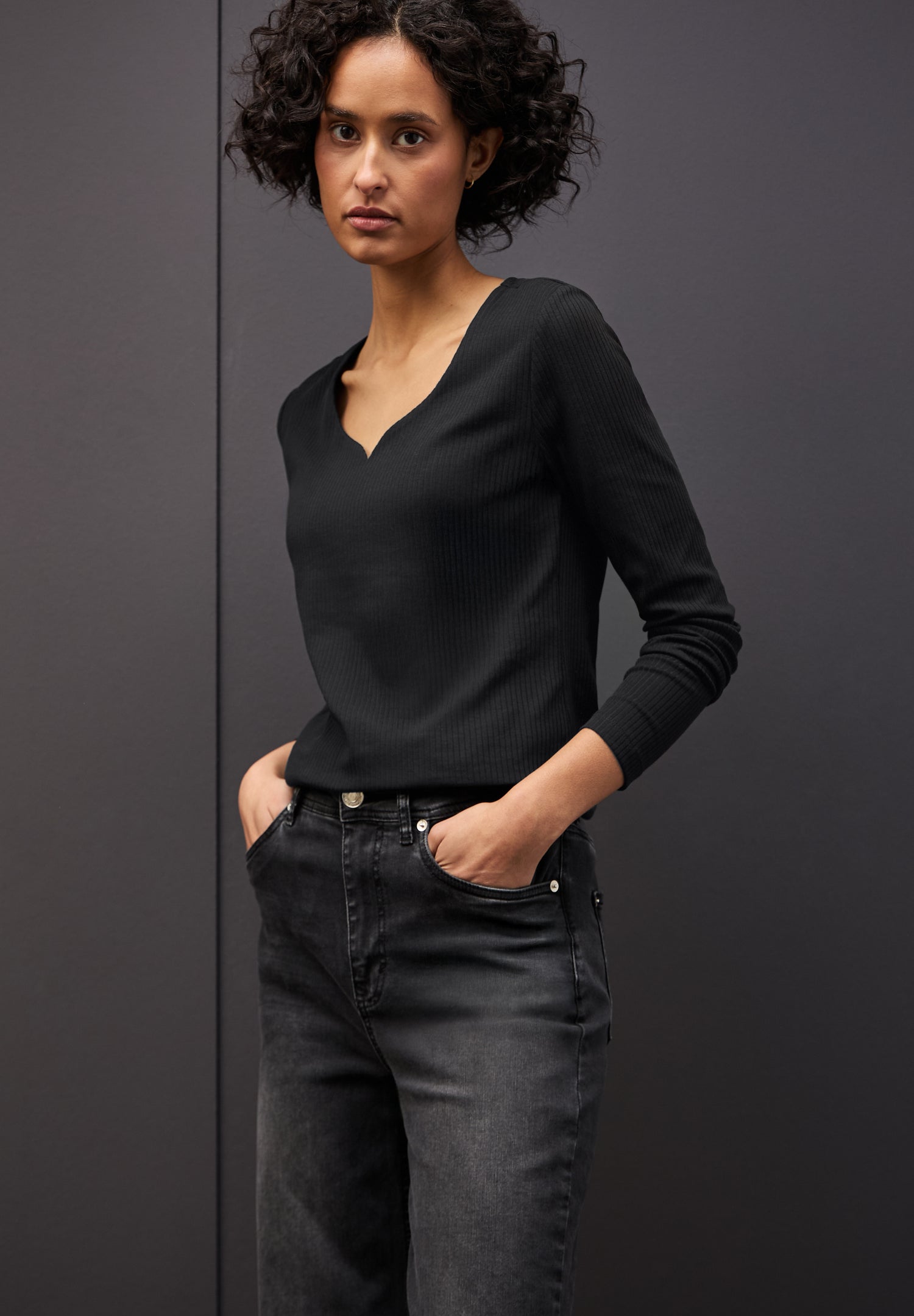 Street One Damen Langarmshirt Herzausschnitt Rippstruktur Baumwolle Elasthan