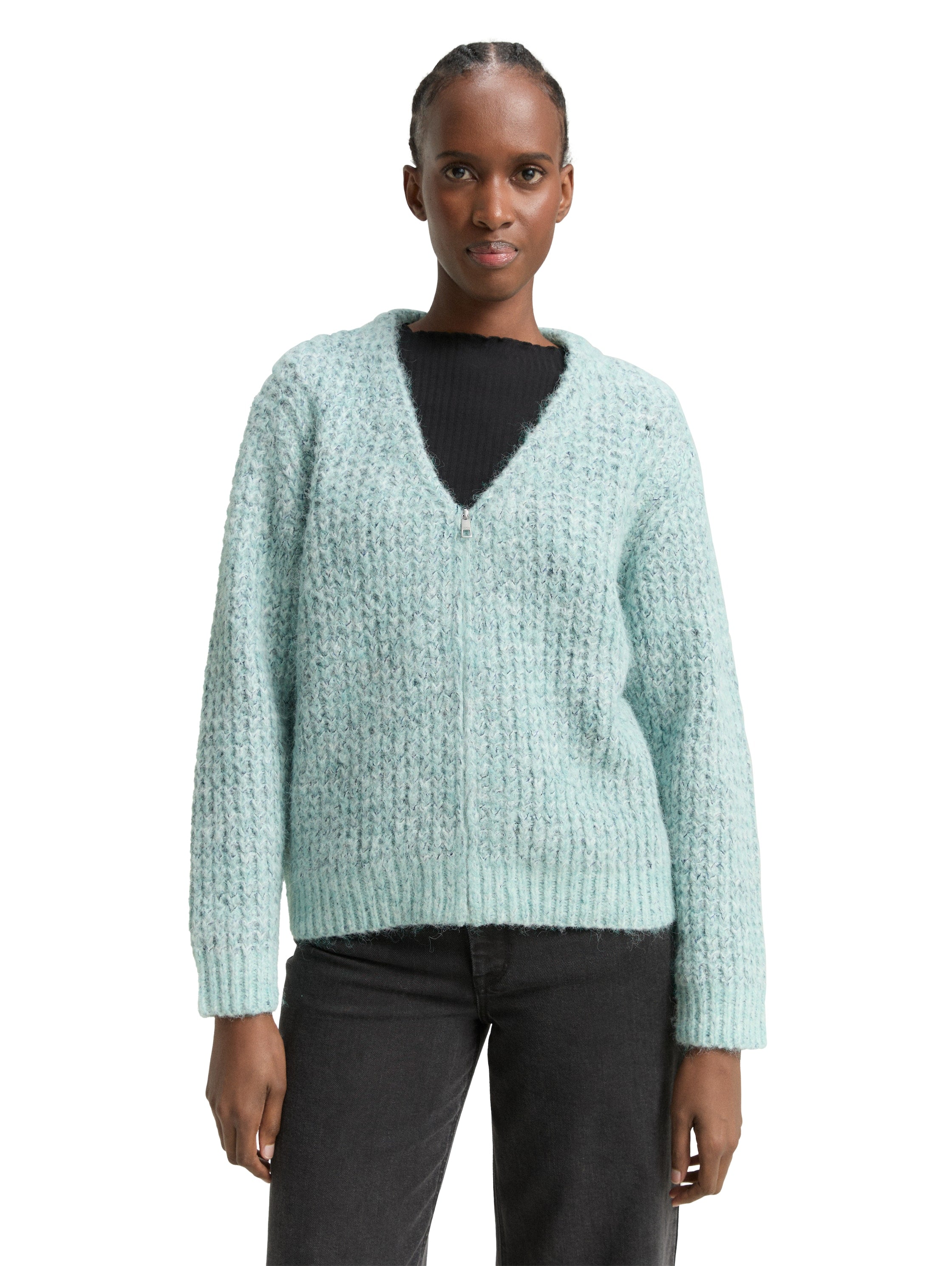 Strickjacke Damen Strick V-Ausschnitt Reißverschluss