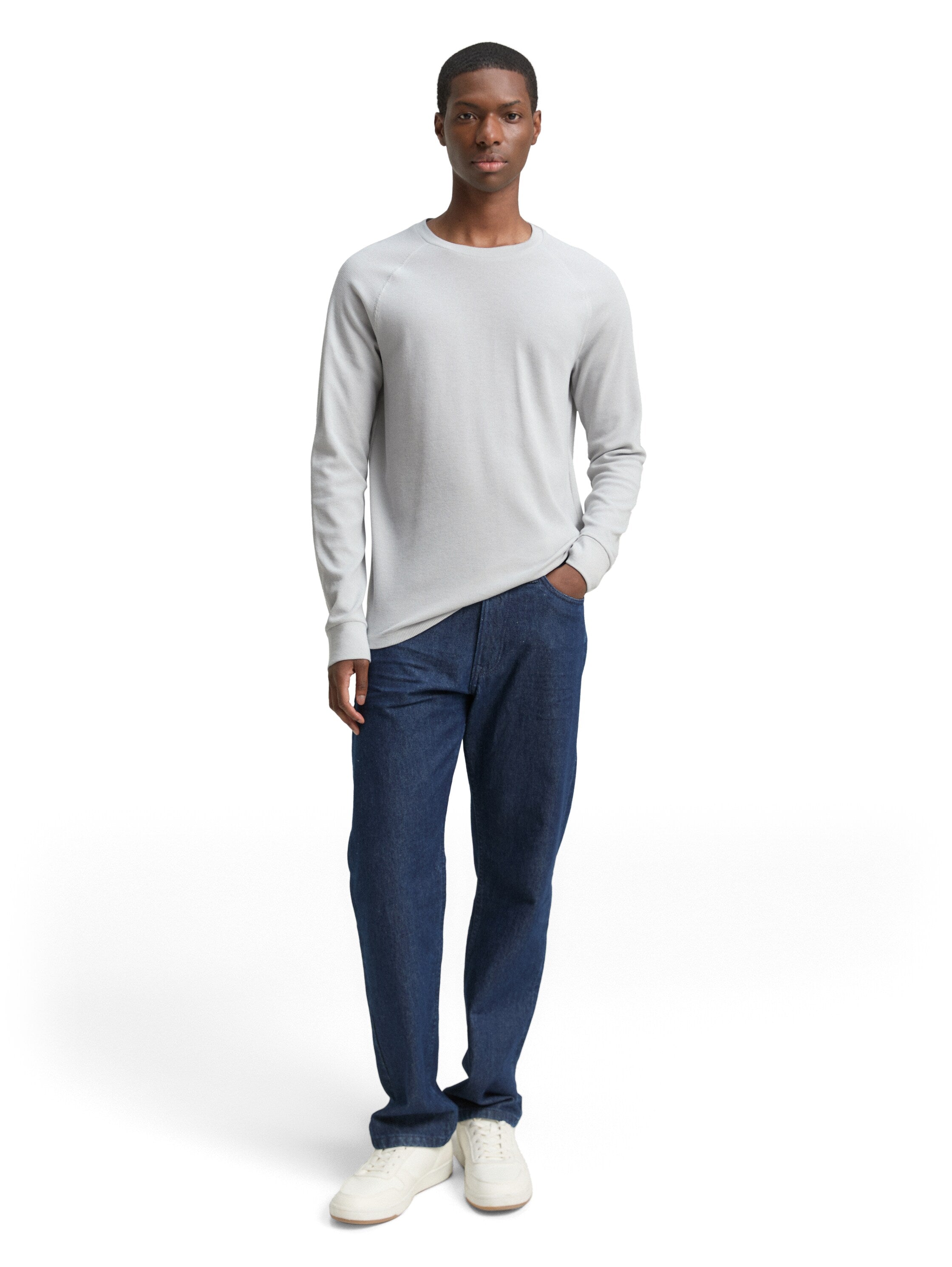 Tom Tailor Denim Herren Longsleeve Logo-Badge Waffel-Optik