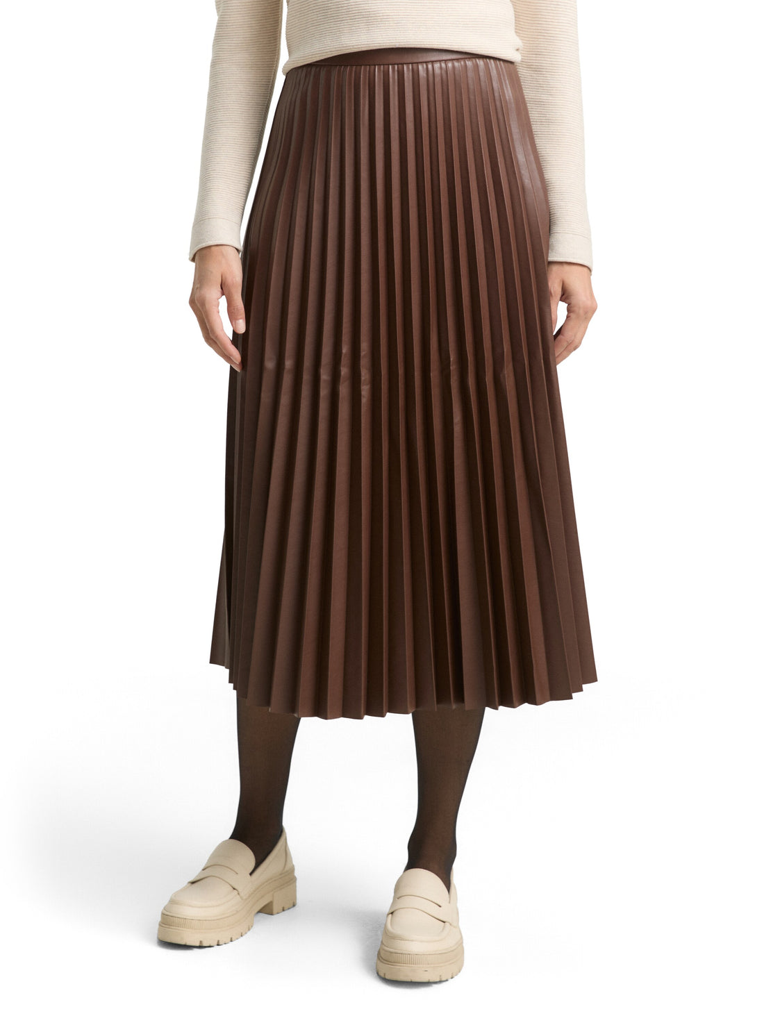 Tom Tailor Denim Female High Waist Midi-Rock aus Kunstleder mit Plissee-Falten