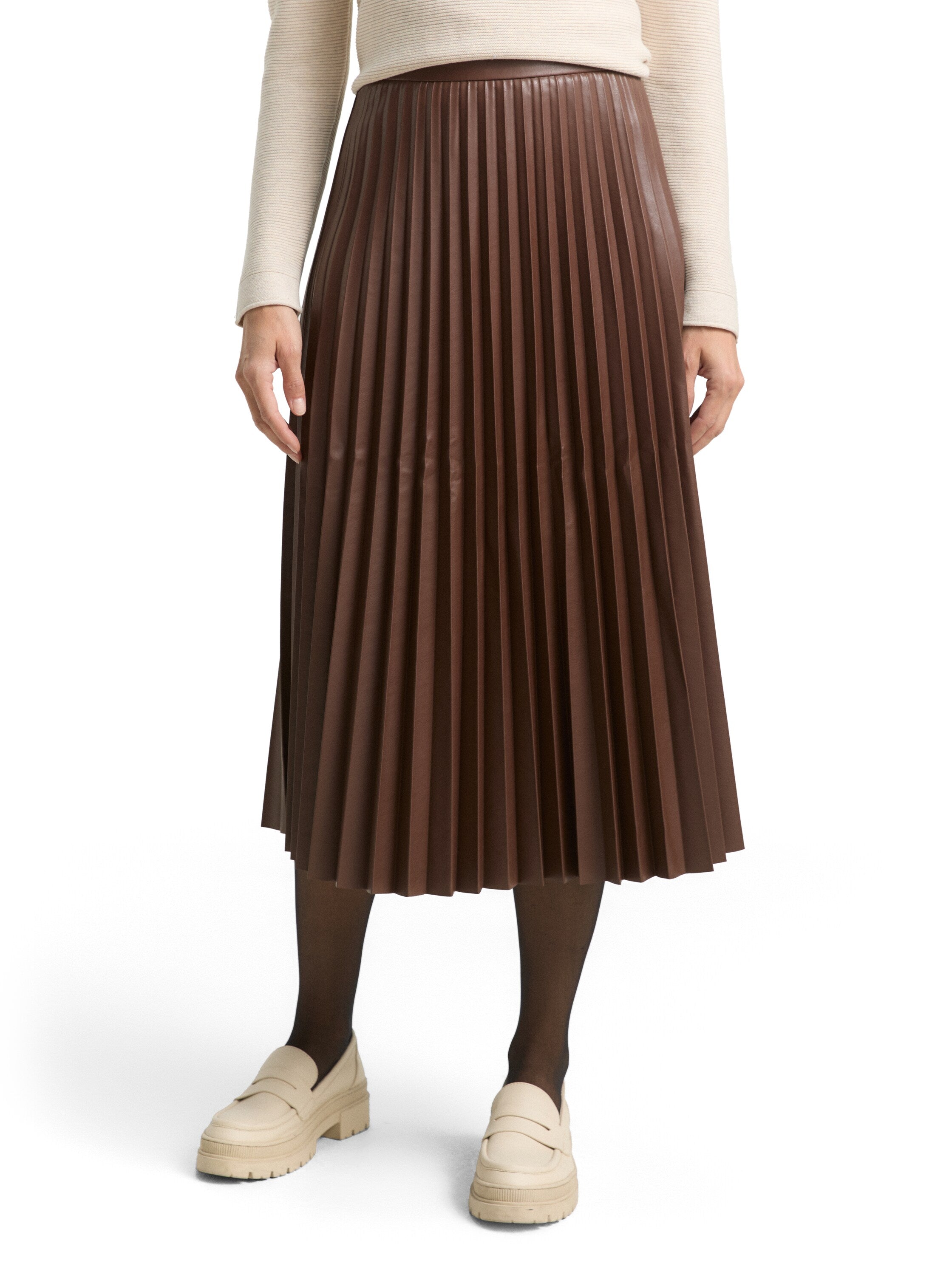 Tom Tailor Denim Female High Waist Midi-Rock aus Kunstleder mit Plissee-Falten