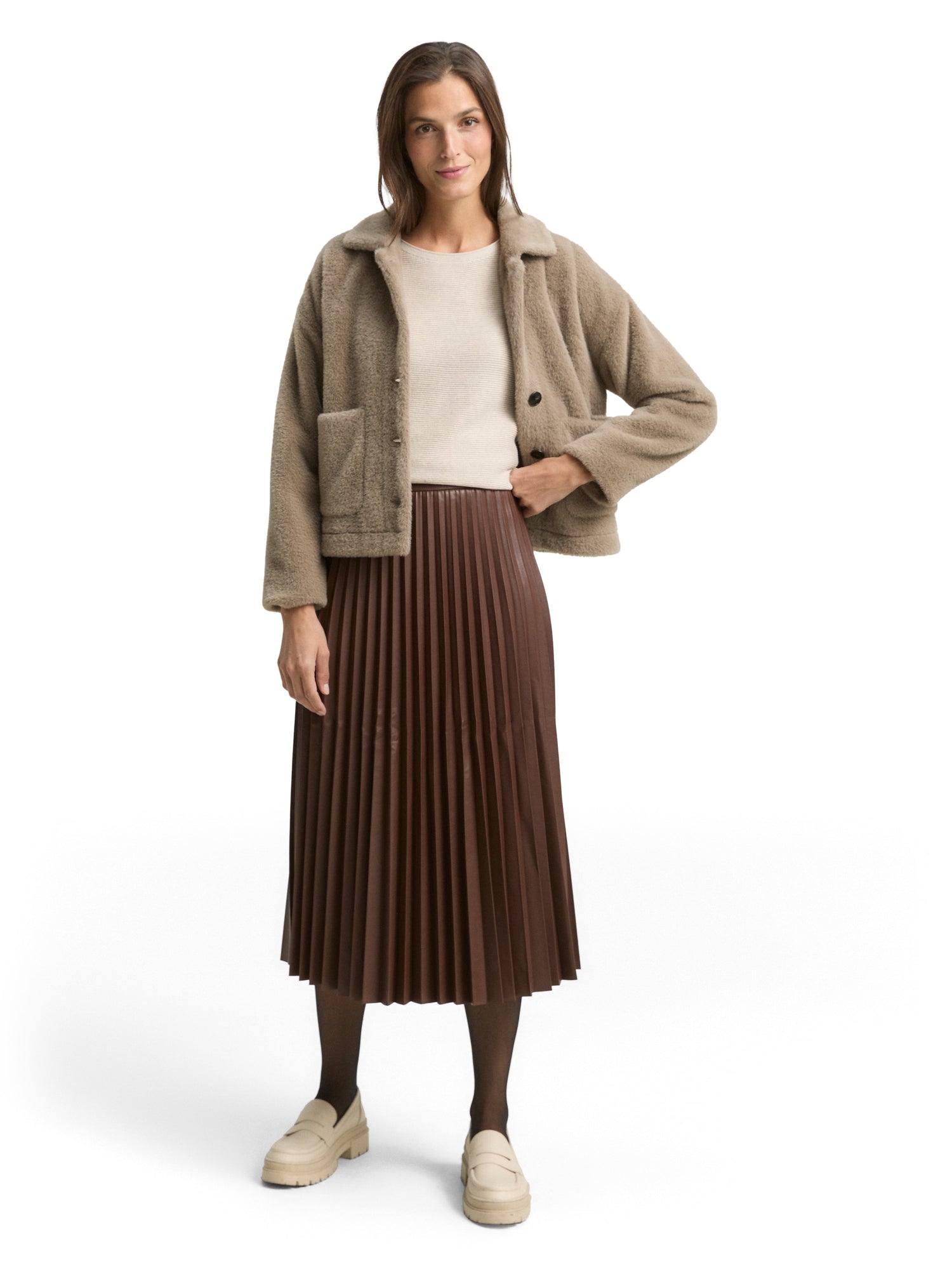 Tom Tailor Denim Female High Waist Midi-Rock aus Kunstleder mit Plissee-Falten