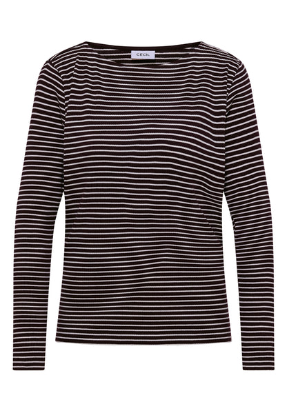 CECIL Damen Langarmshirt Gestreift U-Boot-Ausschnitt Rippstruktur Baumwolle Elasthan