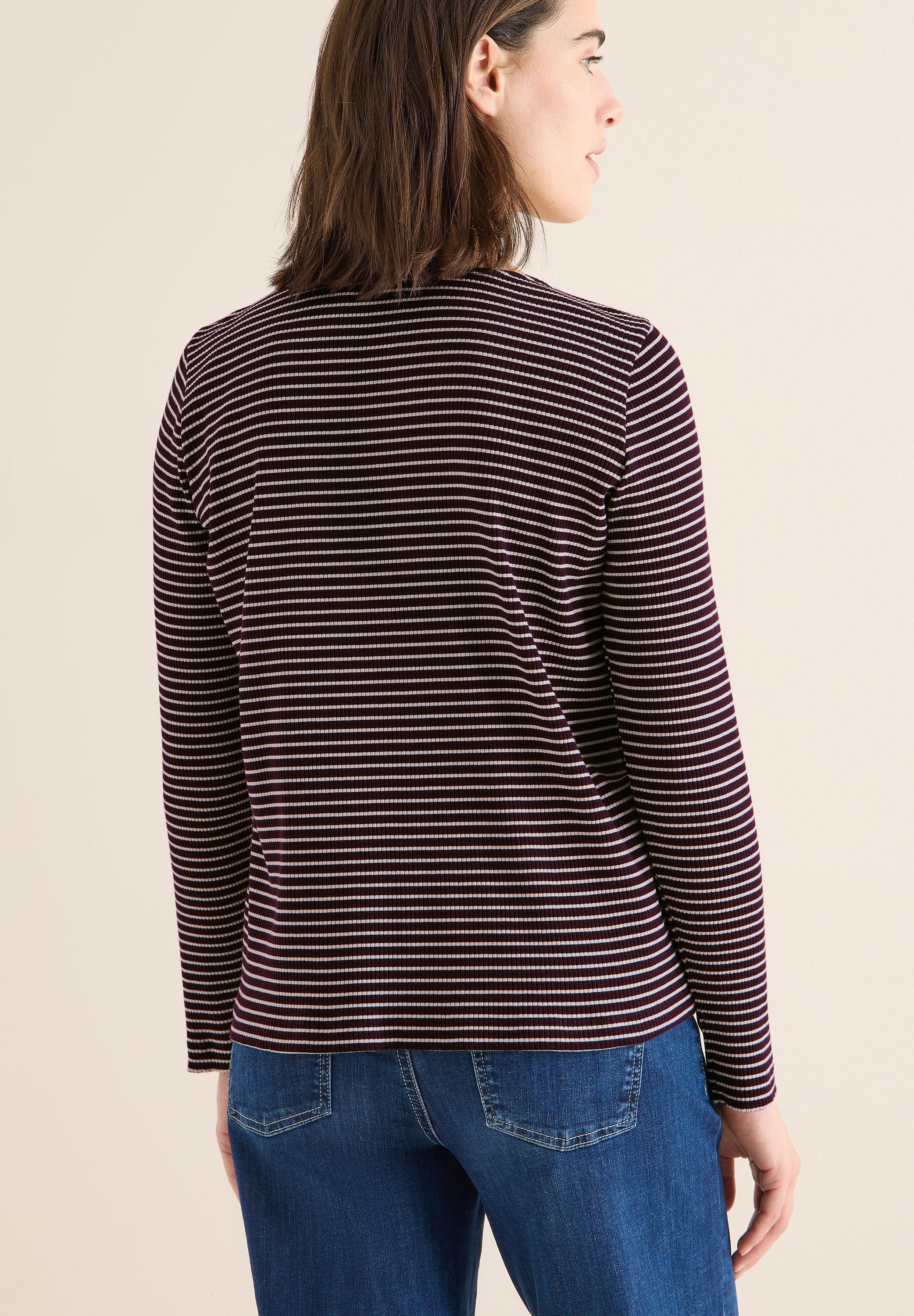 CECIL Damen Langarmshirt Gestreift U-Boot-Ausschnitt Rippstruktur Baumwolle Elasthan