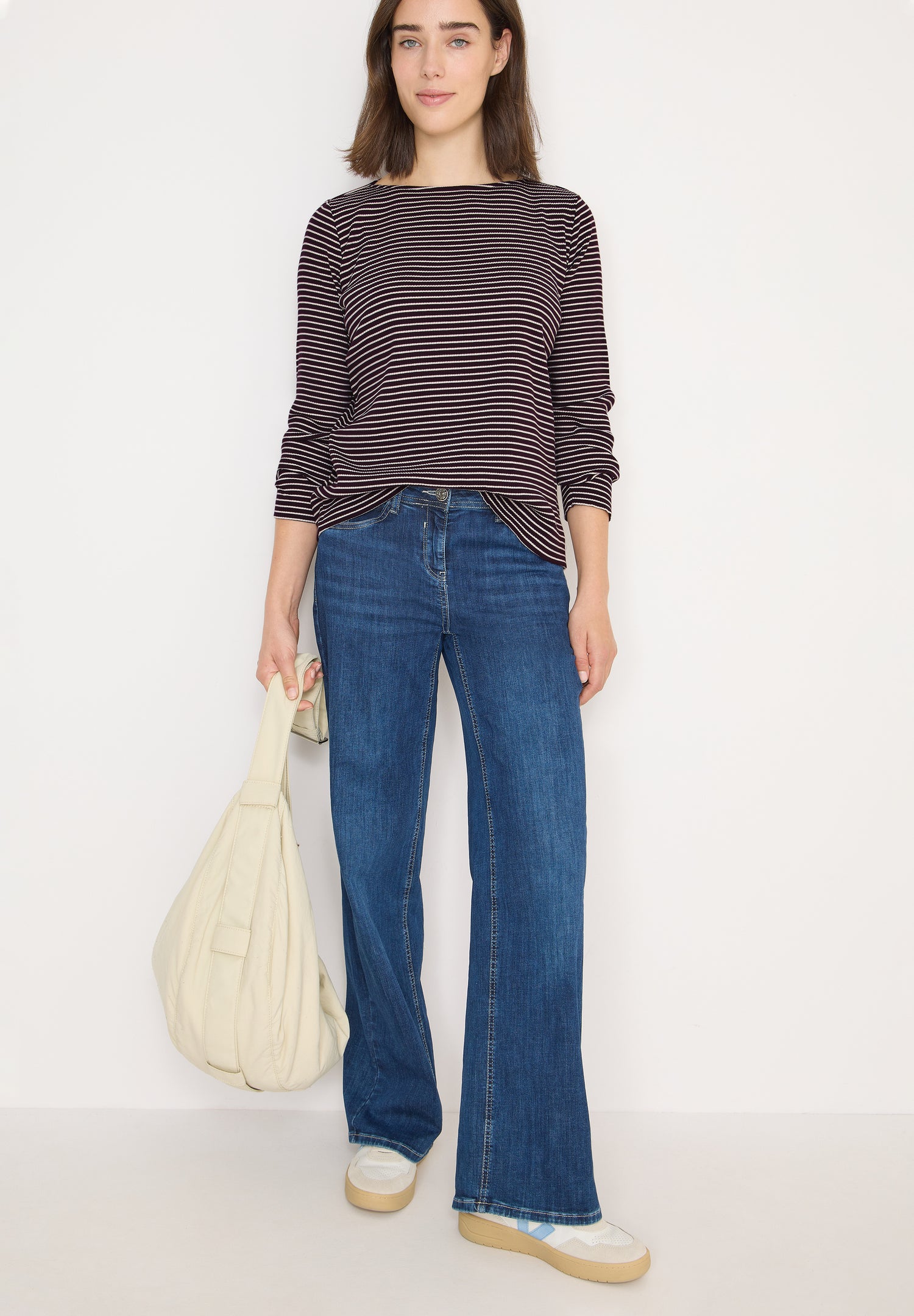 CECIL Damen Langarmshirt Gestreift U-Boot-Ausschnitt Rippstruktur Baumwolle Elasthan