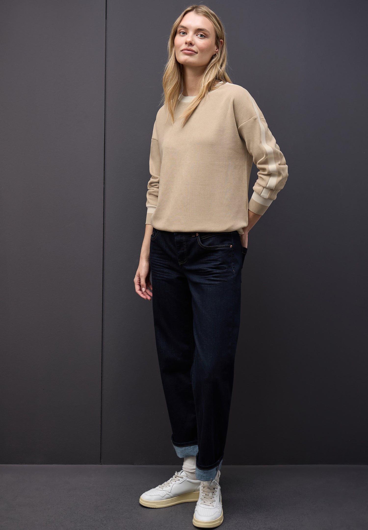 Street One Damen Strukturshirt Langarm U-Boot-Ausschnitt Sportive Rippdetails