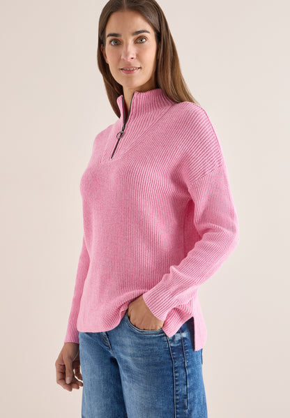 CECIL Damen Strickpullover Troyerkragen Baumwolle Langarm Seitliche Schlitze