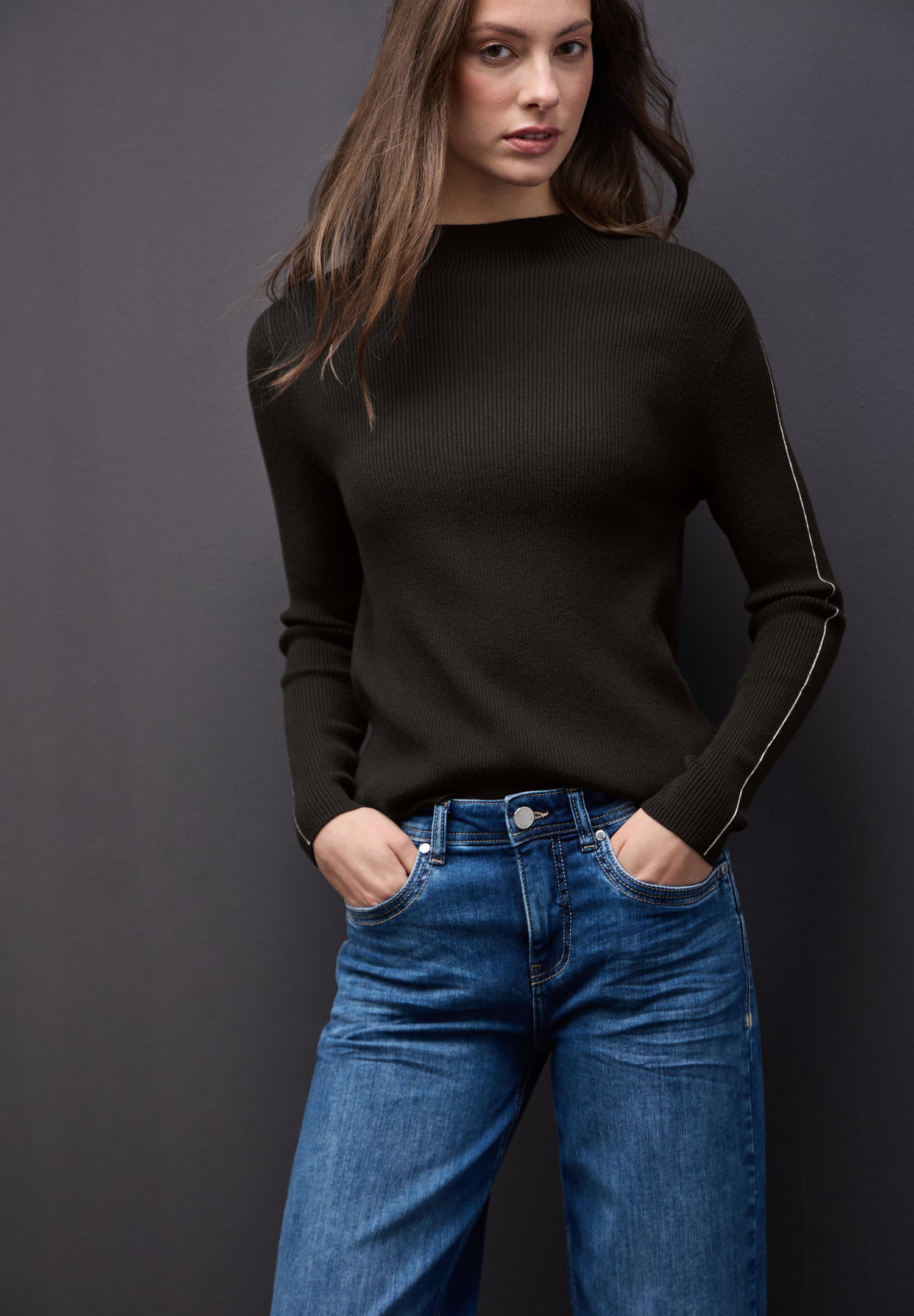 Street One Damen Strickpullover Turtleneck Langarm Tapedetails Angenehmer Tragekomfort