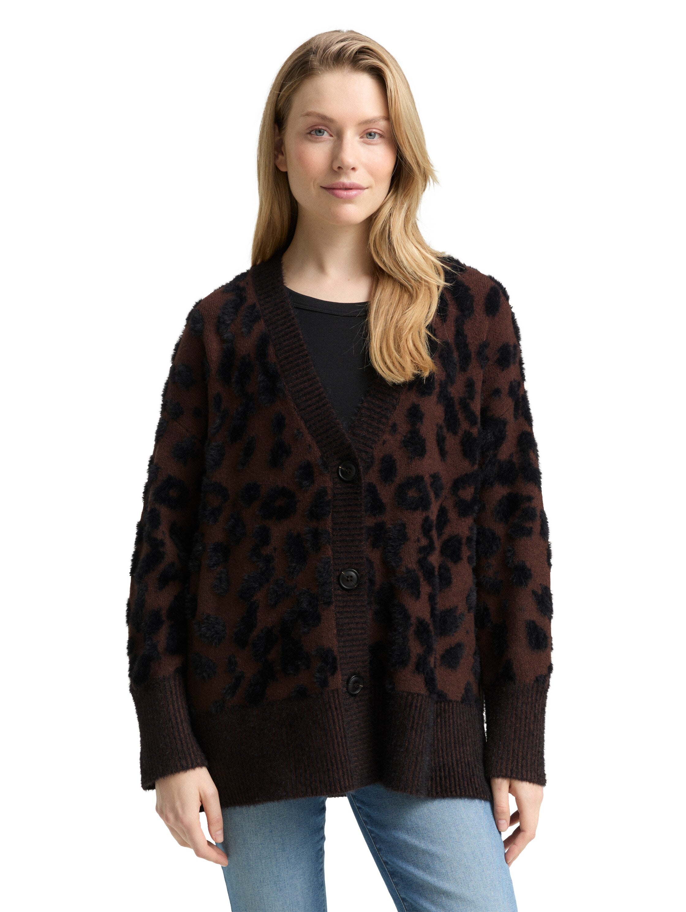 Oversize Damen Strickjacke V-Ausschnitt Federgarn