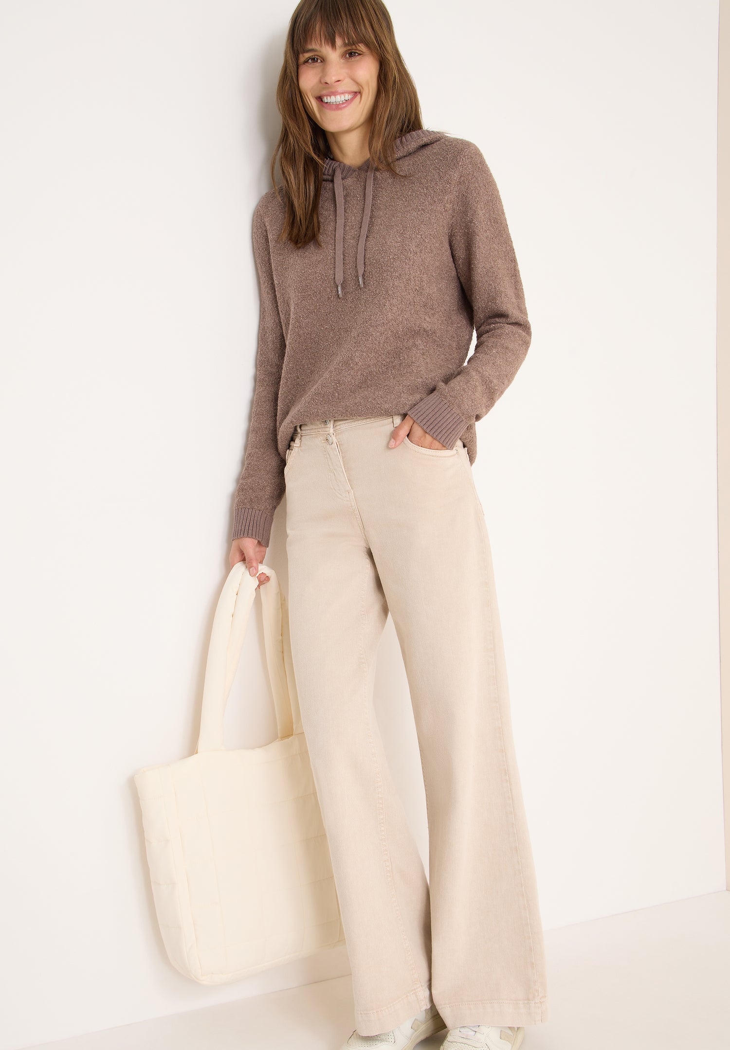 CECIL Damen Pullover Kapuze mit Tunnelzug Bouclé Strick