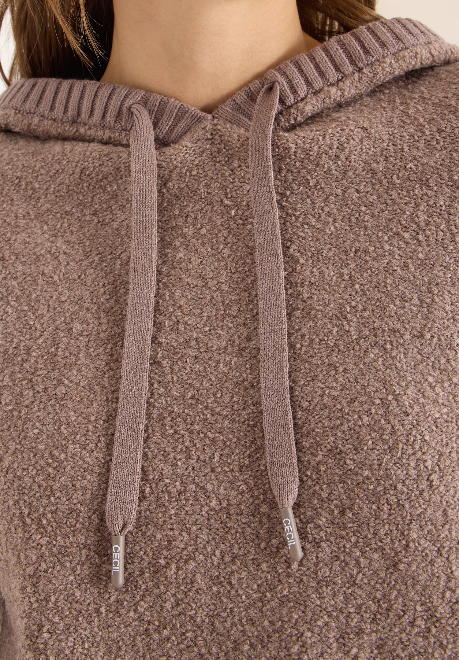 CECIL Damen Pullover Kapuze mit Tunnelzug Bouclé Strick