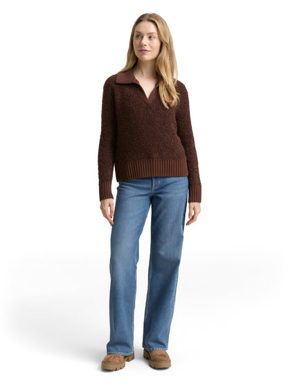 Bouclé Troyer-Pullover Damen Strick V-Ausschnitt