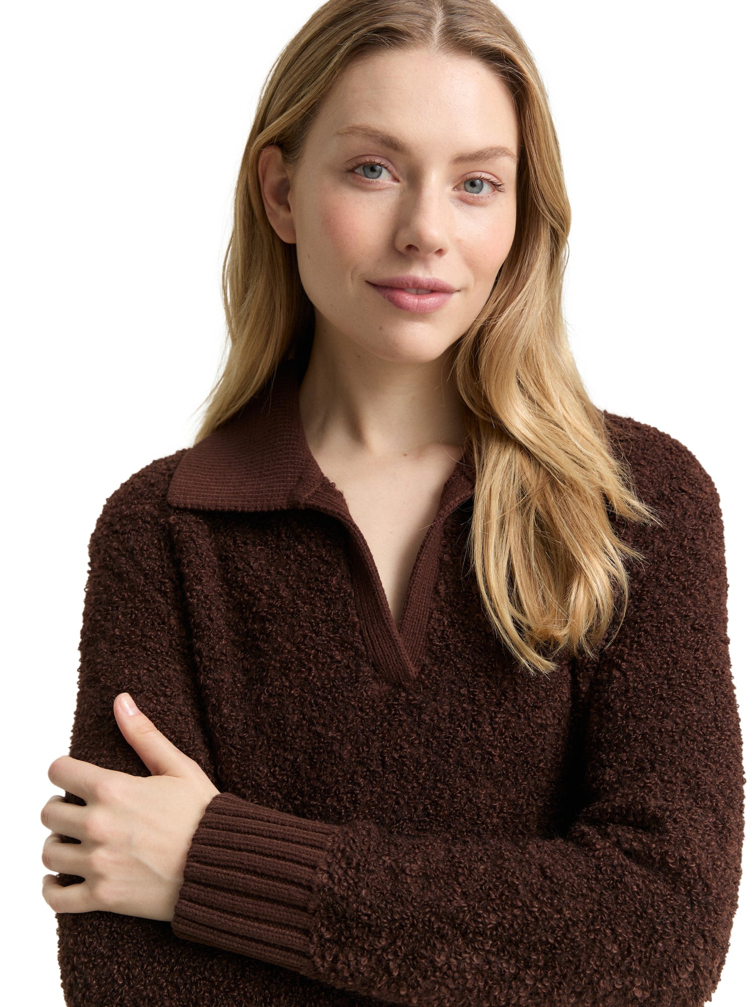 Bouclé Troyer-Pullover Damen Strick V-Ausschnitt