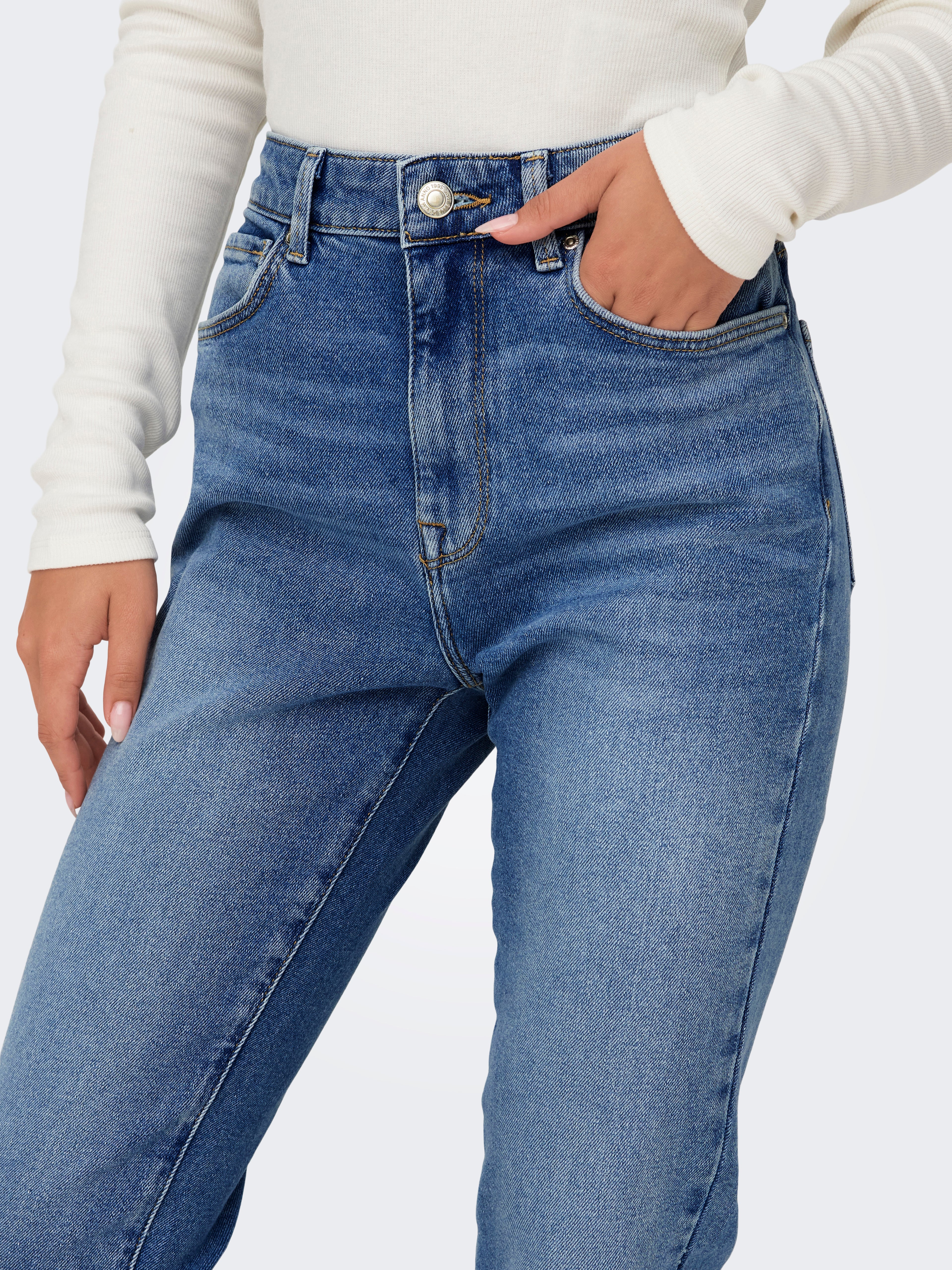 Straight Fit Jeans Damen Knöchellang Hohe Taille mit Reißverschluss